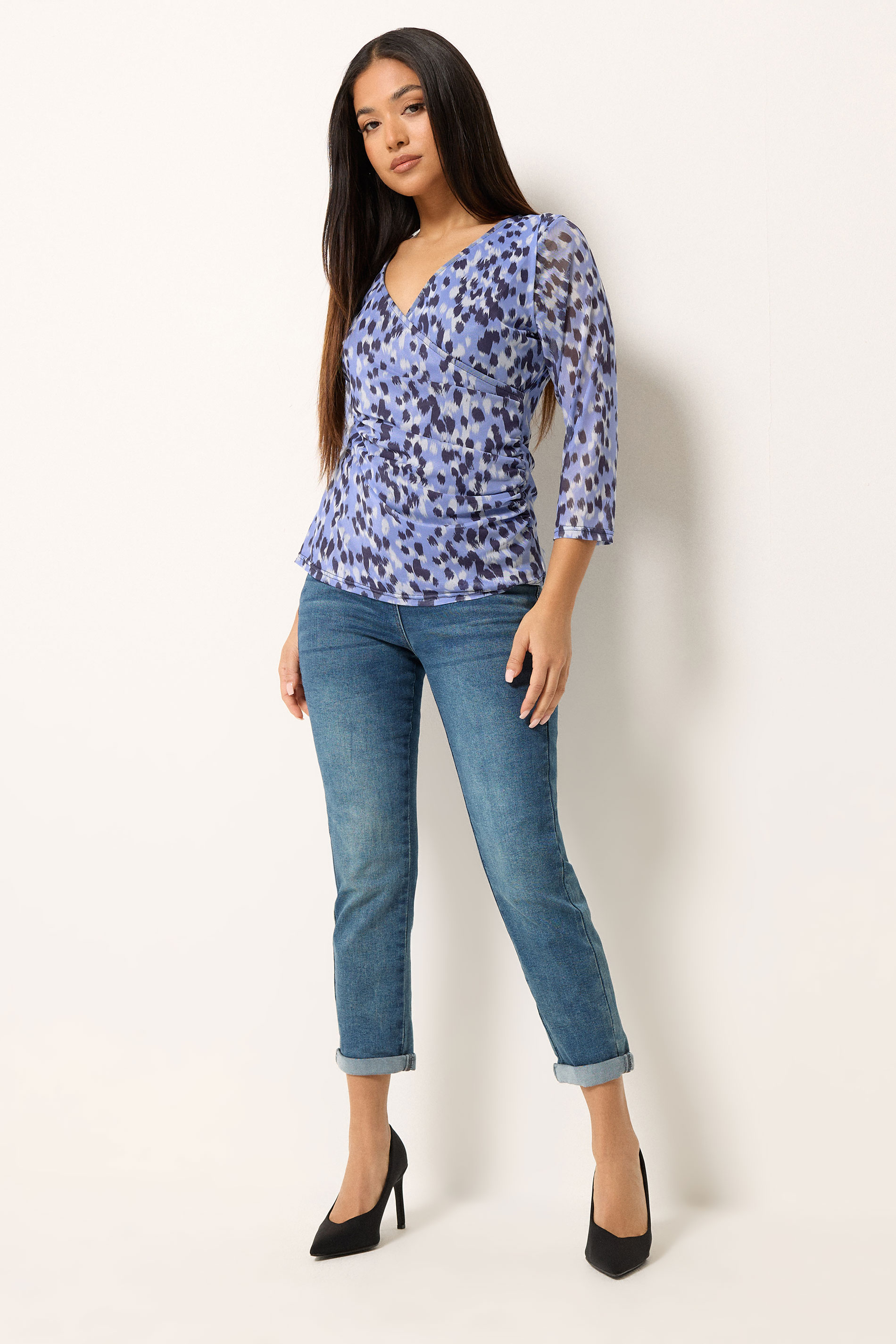M&Co Petite Blue Animal Print Mesh Sleeve Wrap Top | M&Co 1