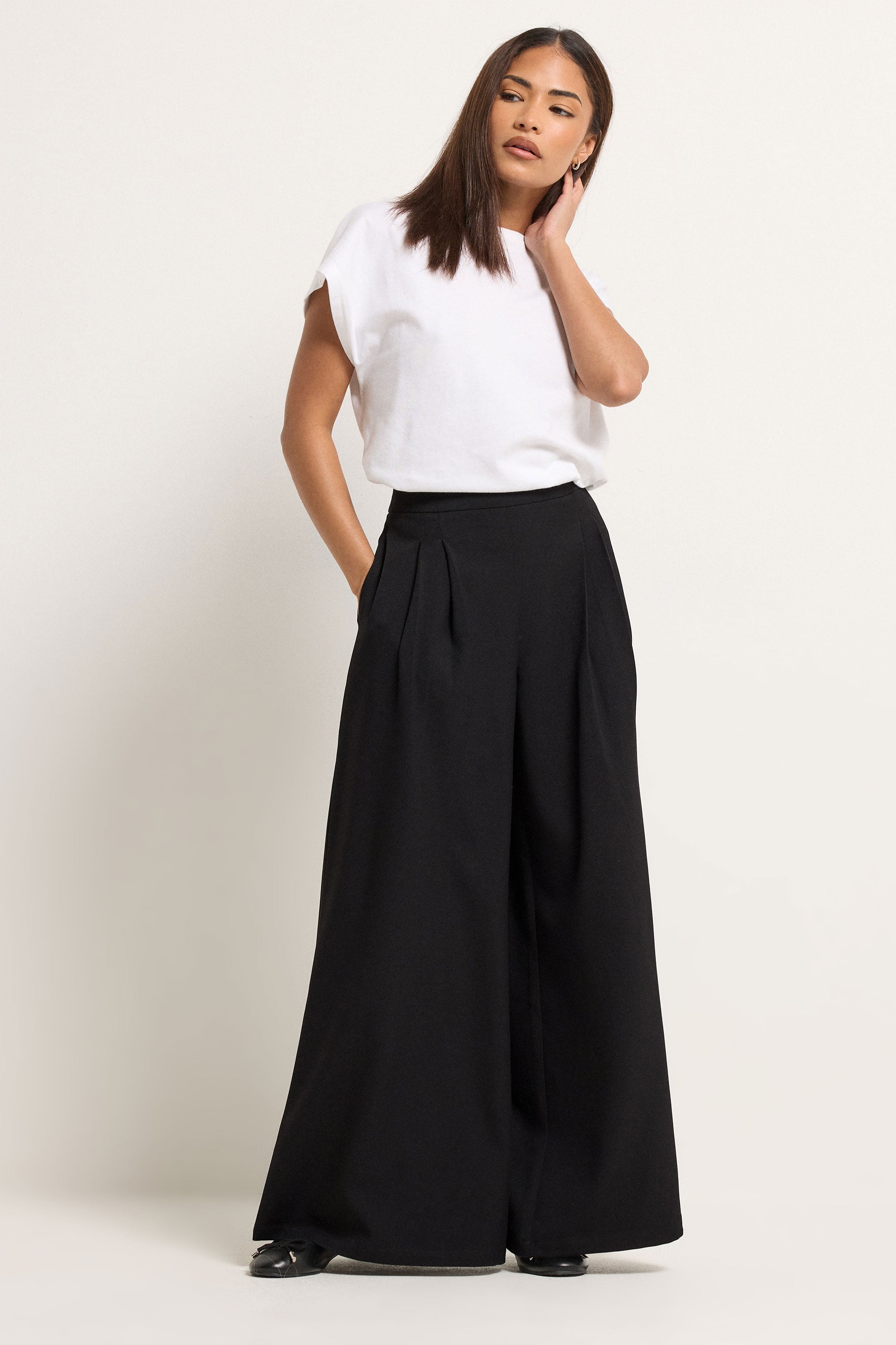 PixieGirl Petite Women's Black Pleat Front Palazzo Trousers | PixieGirl 3