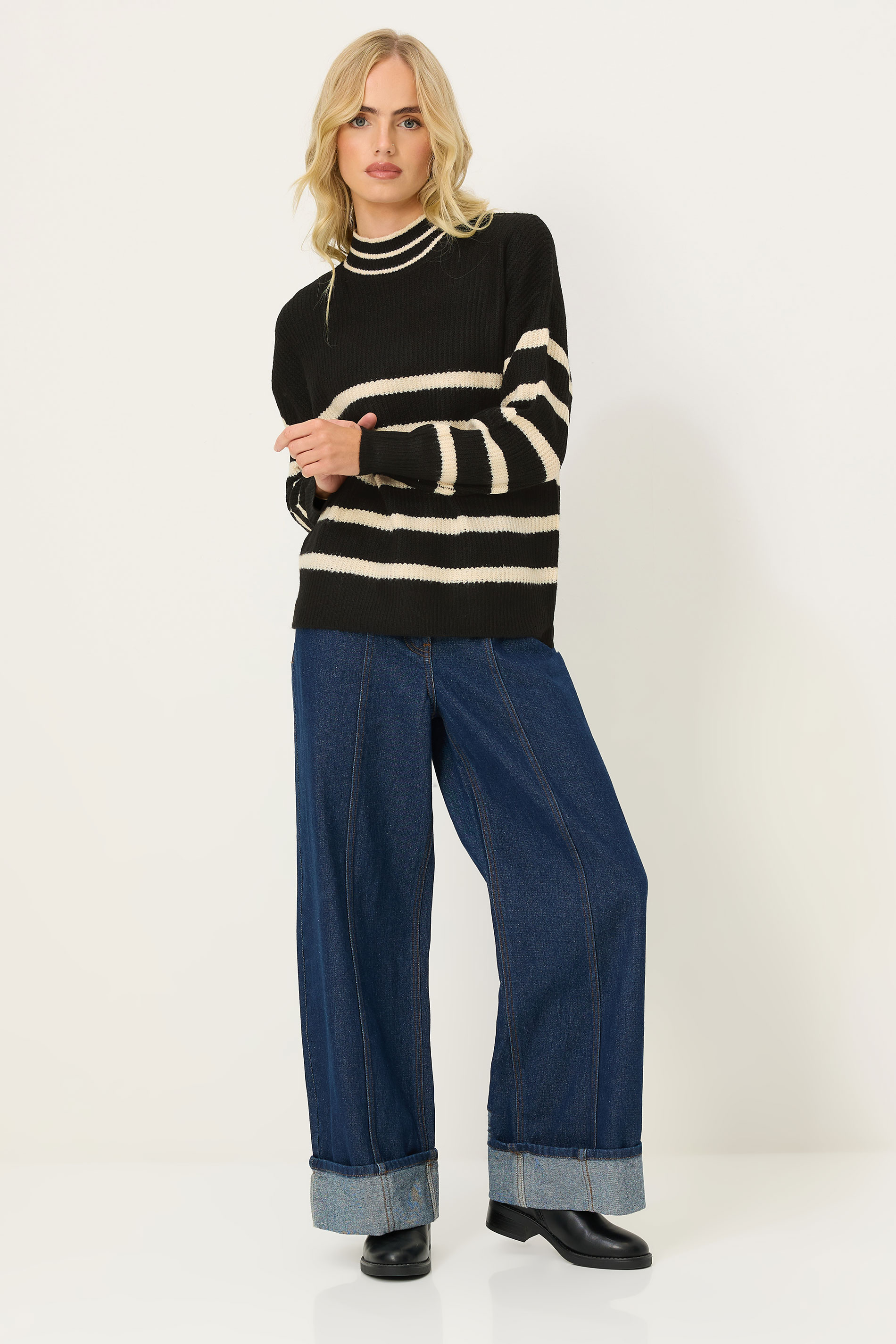 PixieGirl Petite Women's Black Stripe High Neck Knitted Jumper | PixieGirl 2