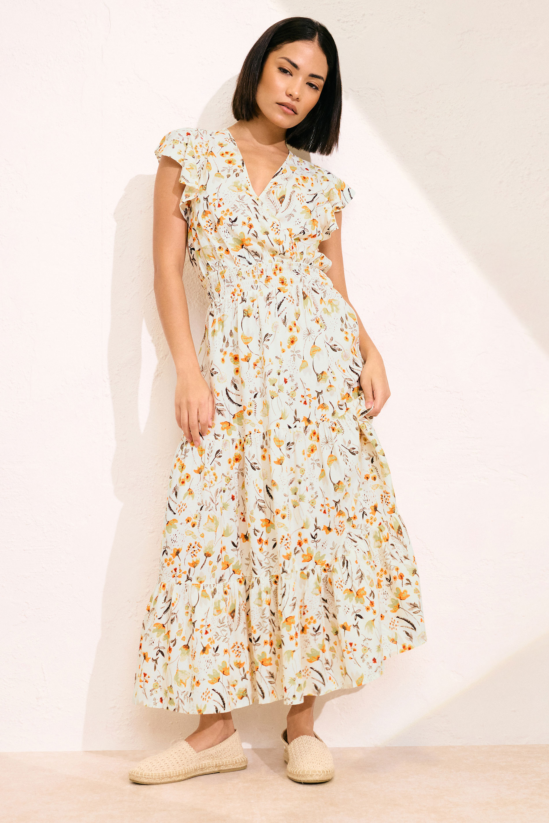 PixieGirl Petite Women's Cream Floral Print Flutter Midaxi Dress | PixieGirl 4