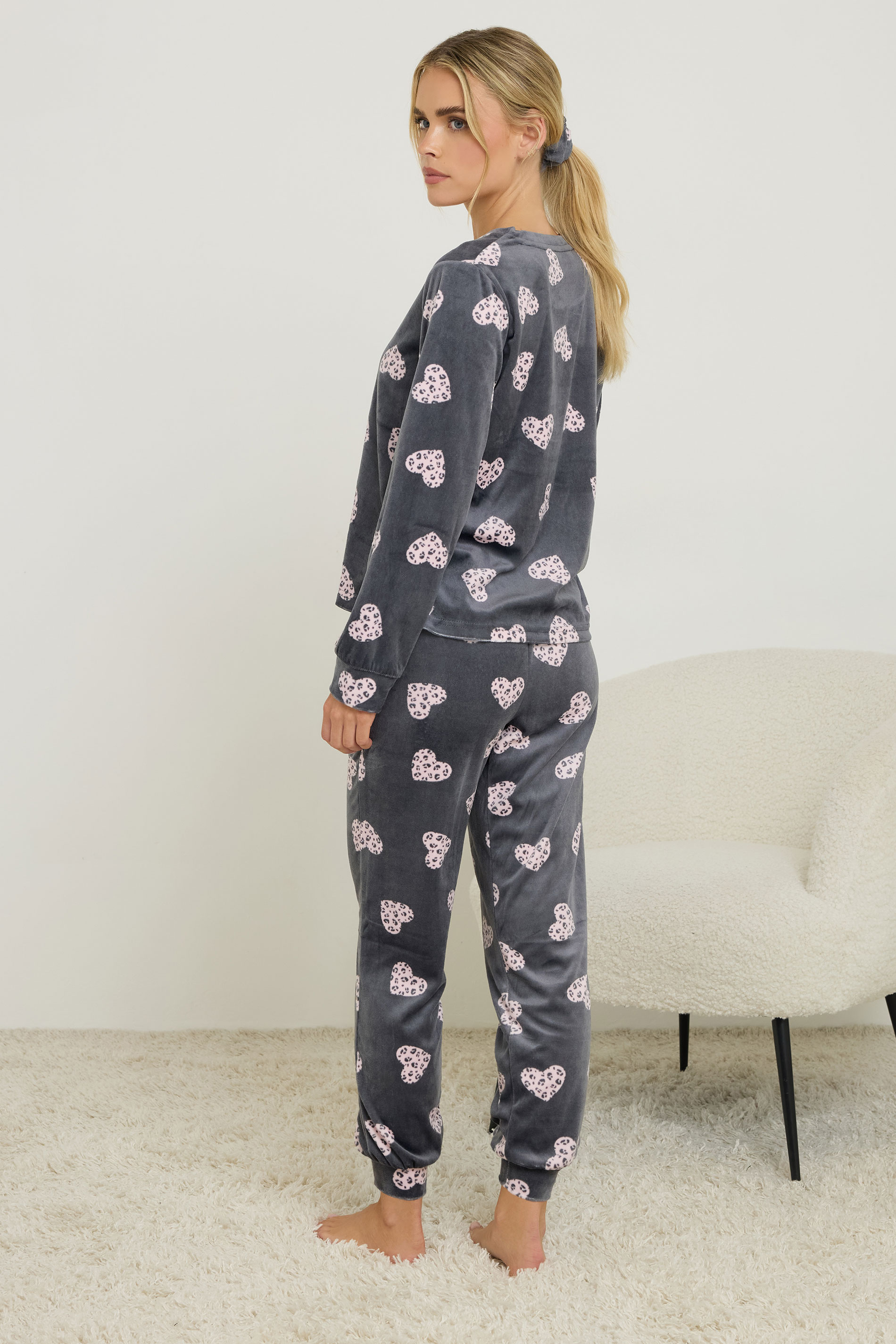 PixieGirl Petite Women's Grey Heart Fleece Pyjama & Scrunchie Set | PixieGirl 3