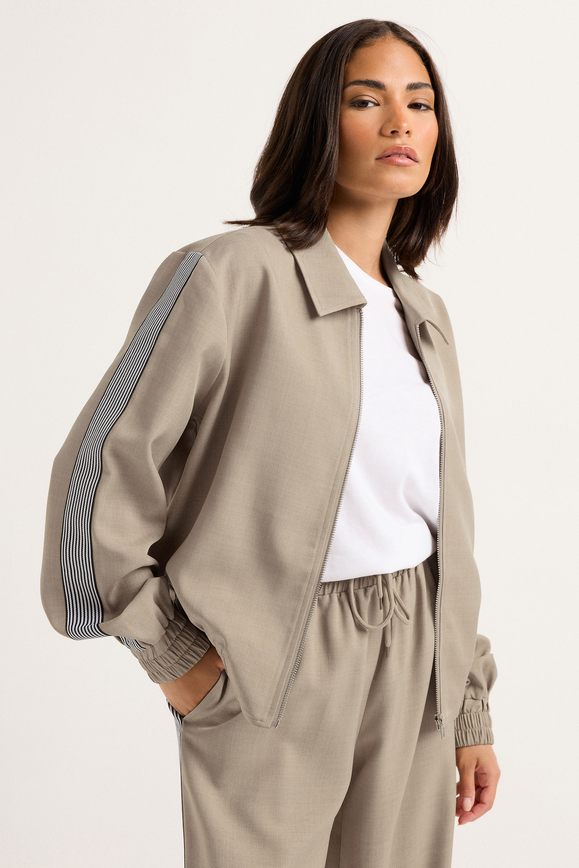 PixieGirl Petite Women's Beige Brown Striped Collar Bomber Jacket | PixieGirl 2