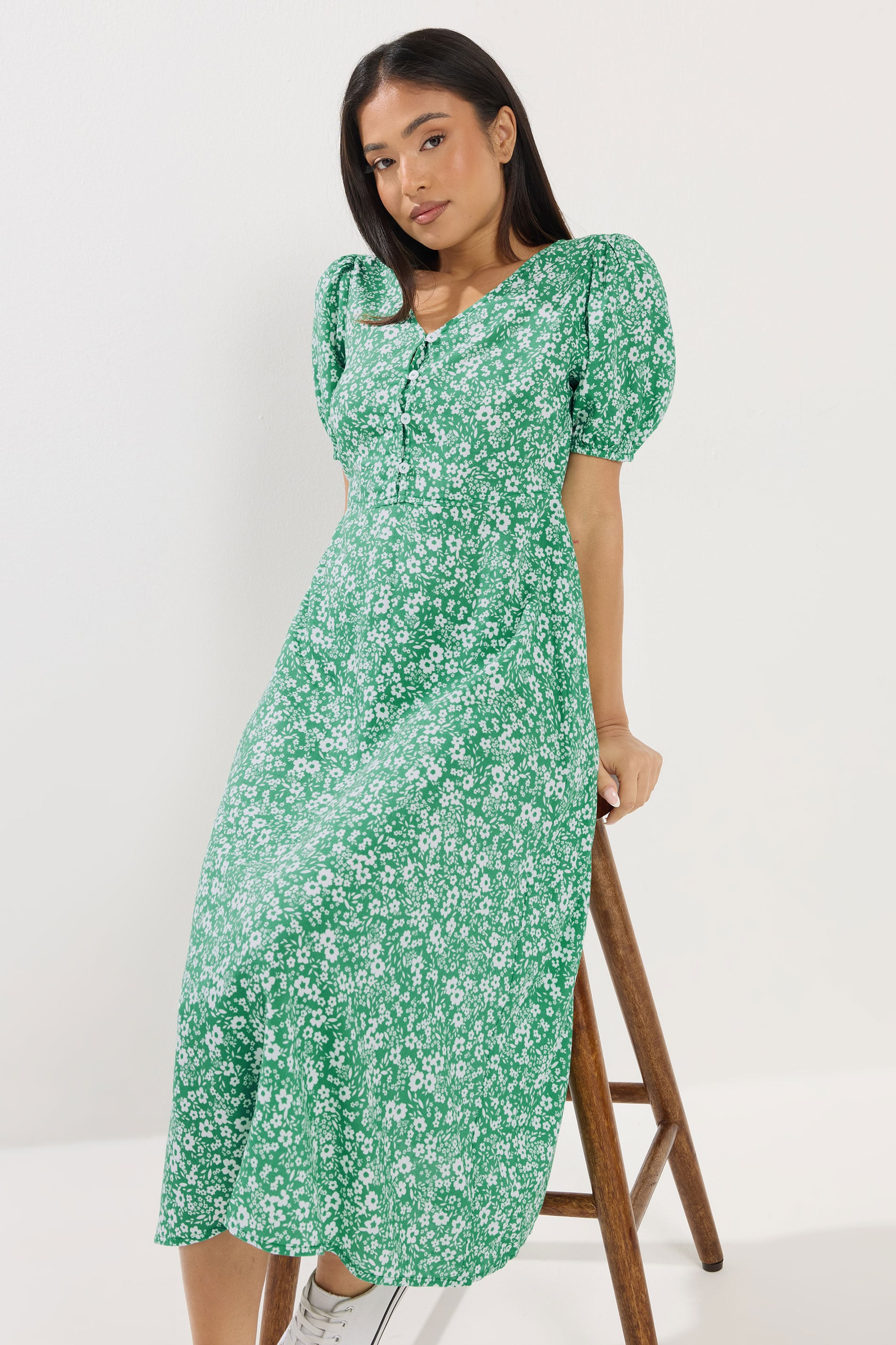 M&Co Petite Green Ditsy Floral Puff Sleeve Dress | M&Co  1