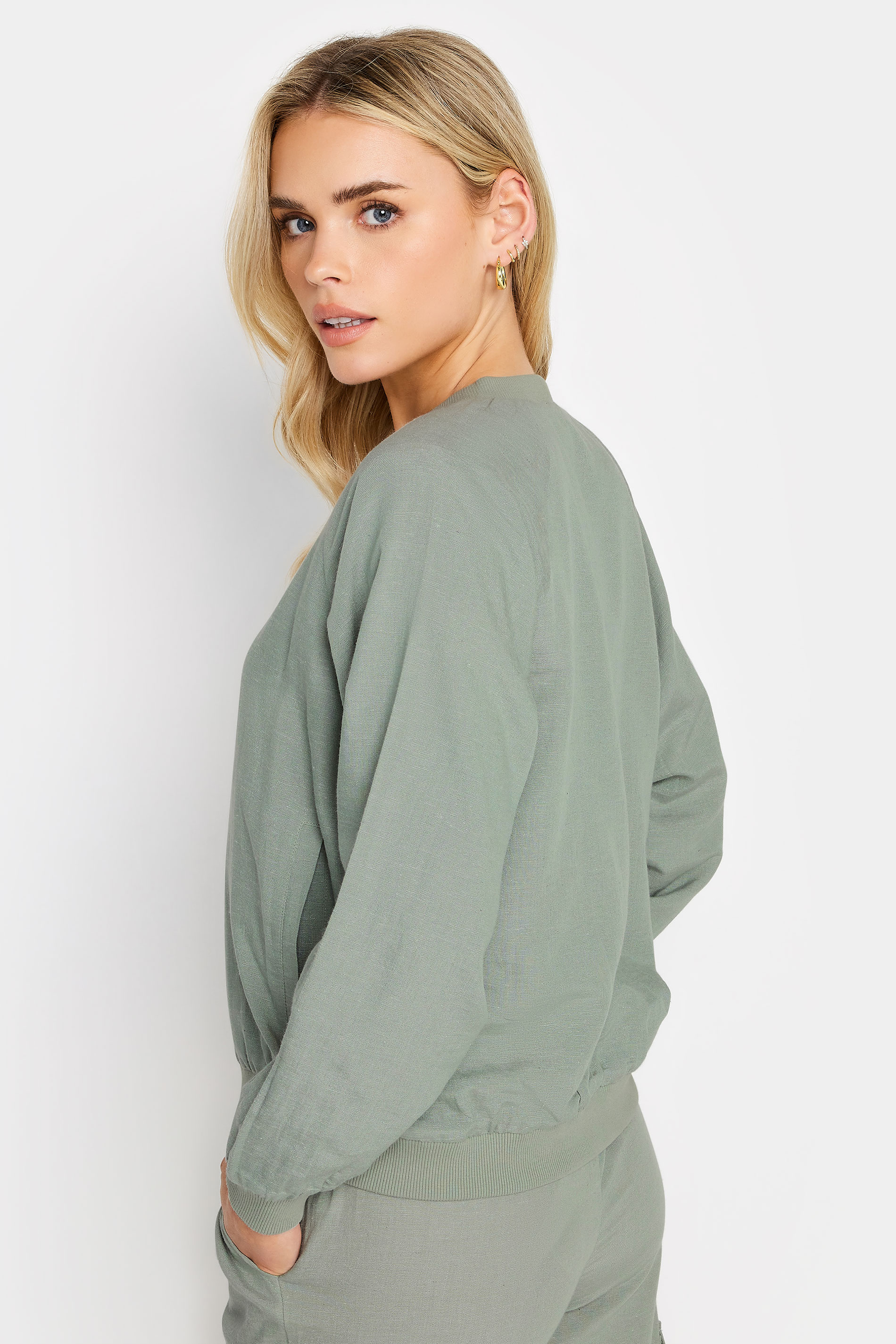 PixieGirl Petite Womens Sage Green Linen Bomber Jacket | PixieGirl 4