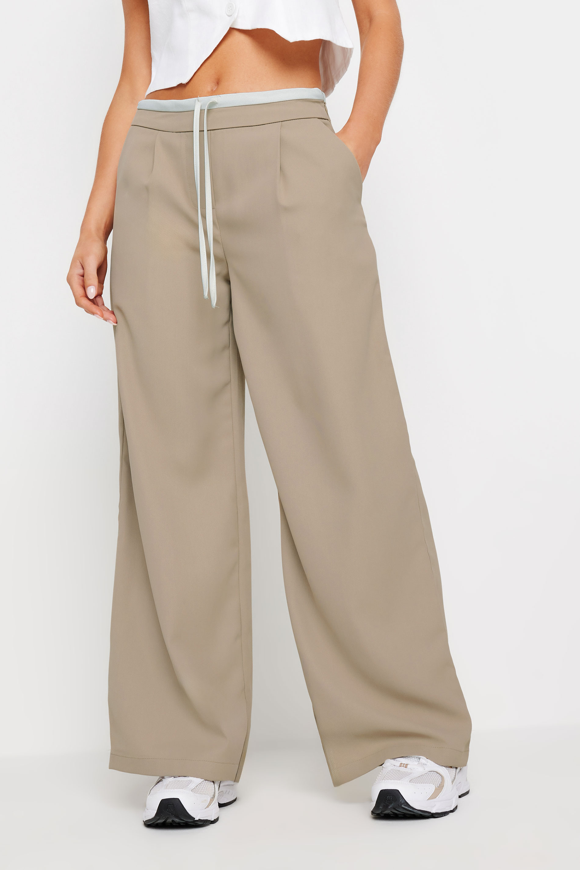 PixieGirl Petite Womens Brown Contrast Waist Wide Leg Trousers | PixieGirl 3