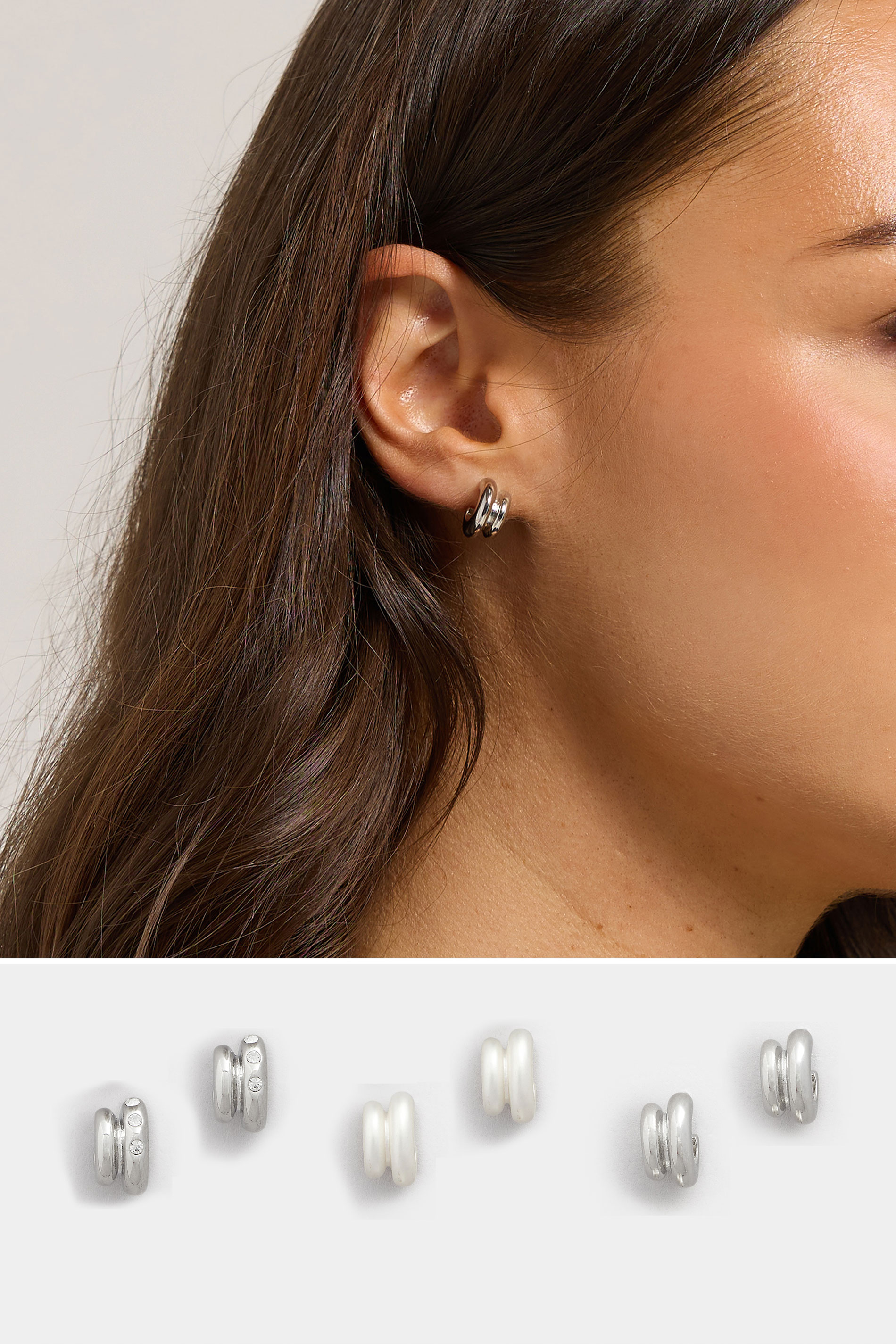 3 PACK Silver Tone Diamante Mini Hoop Earrings Set | Yours Clothing 1