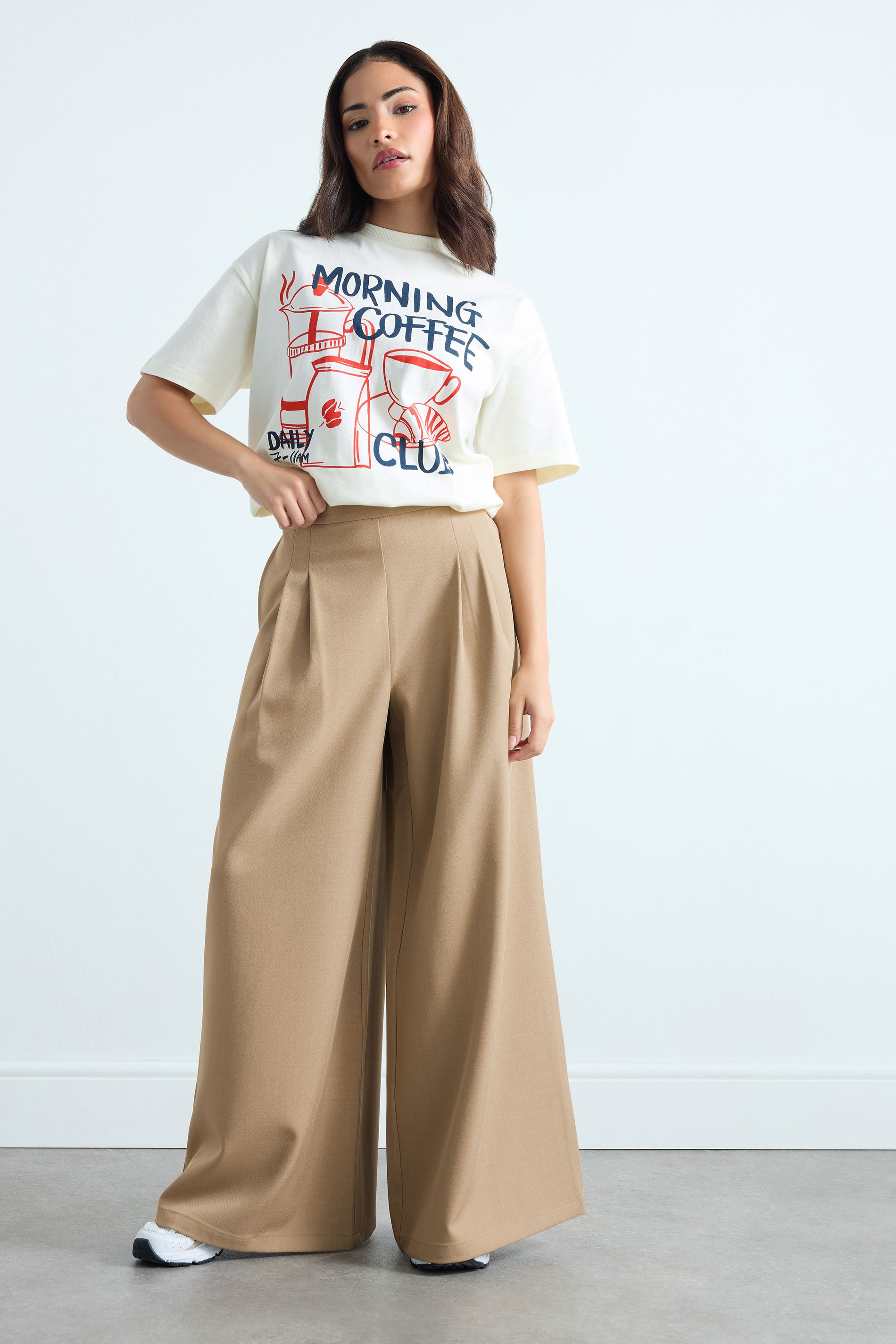 PixieGirl Petite Women's Natural Brown Pleat Front Palazzo Trousers | PixieGirl 1