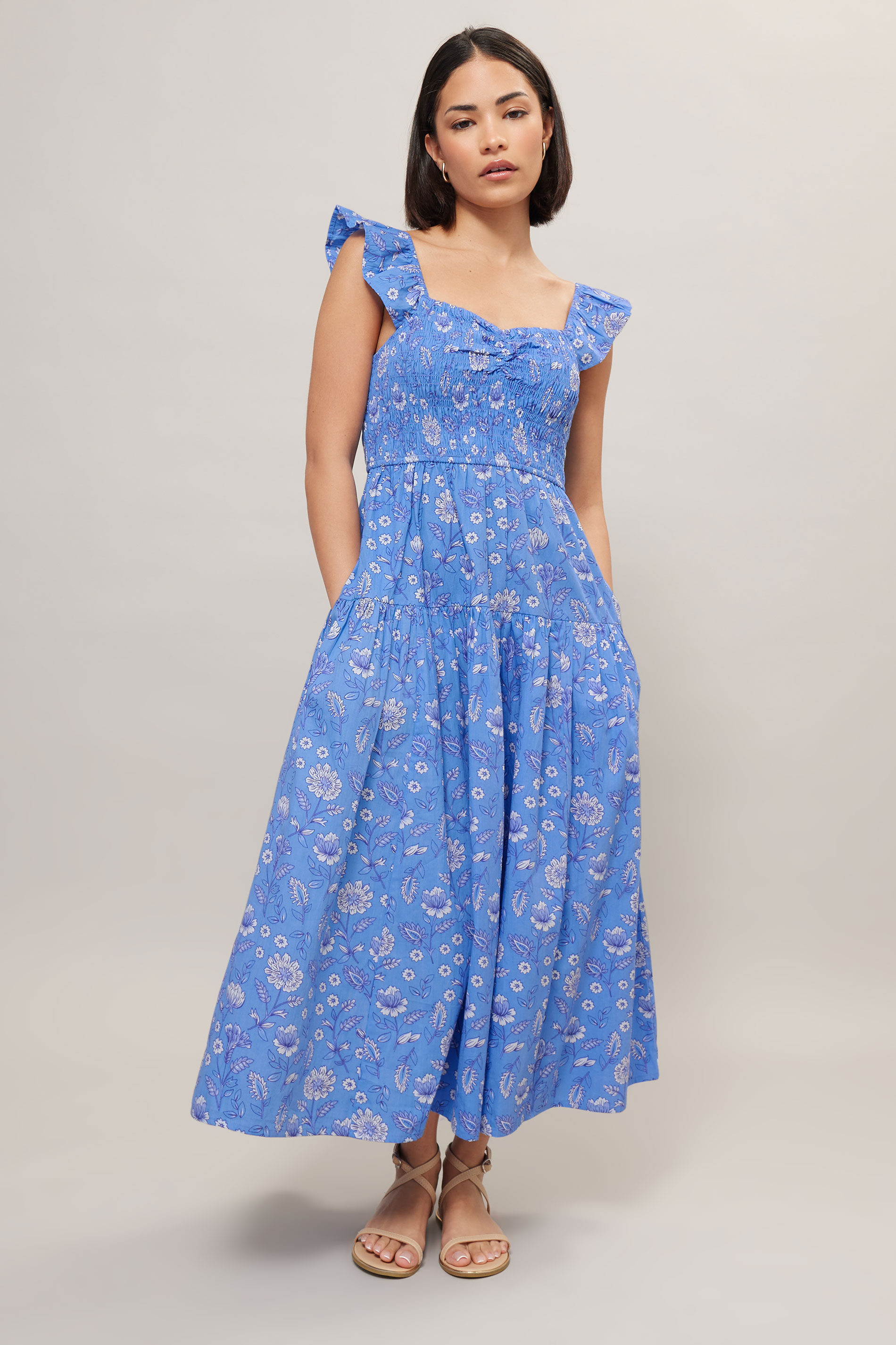 PixieGirl Petite Women's Blue Floral Frill Sleeve Shirred Dress | PixieGirl 1