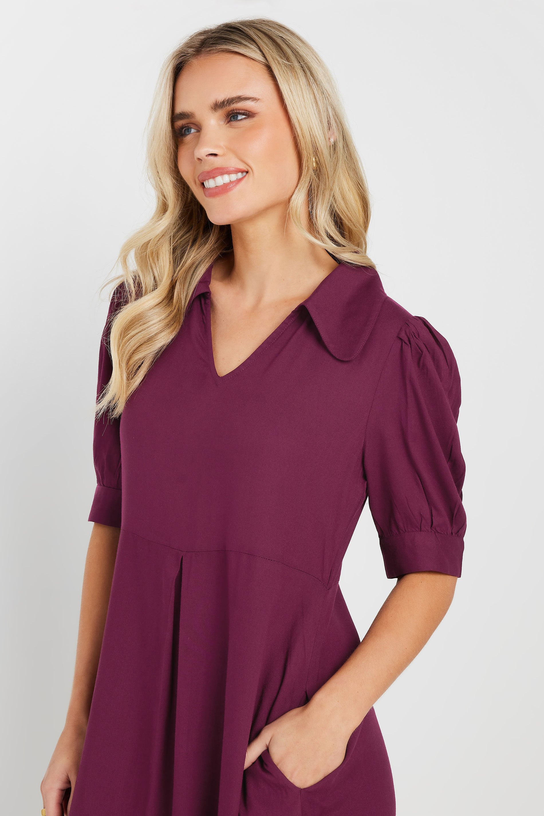 PixieGirl Petite Women's Burgundy Red Open Collar Short Sleeve Dress | PixieGirl 4