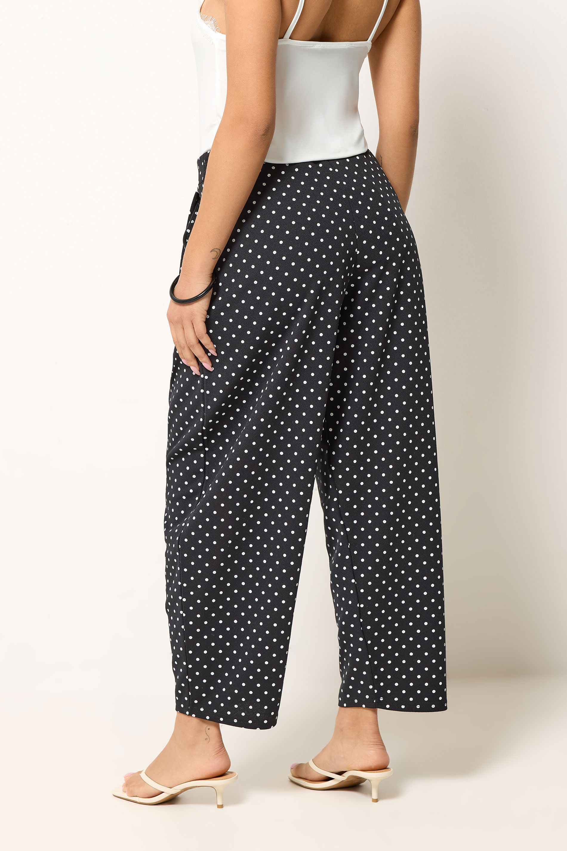 PixieGirl Petite Women's Black Polka Dot Barrel Leg Trousers | PixieGirl 2