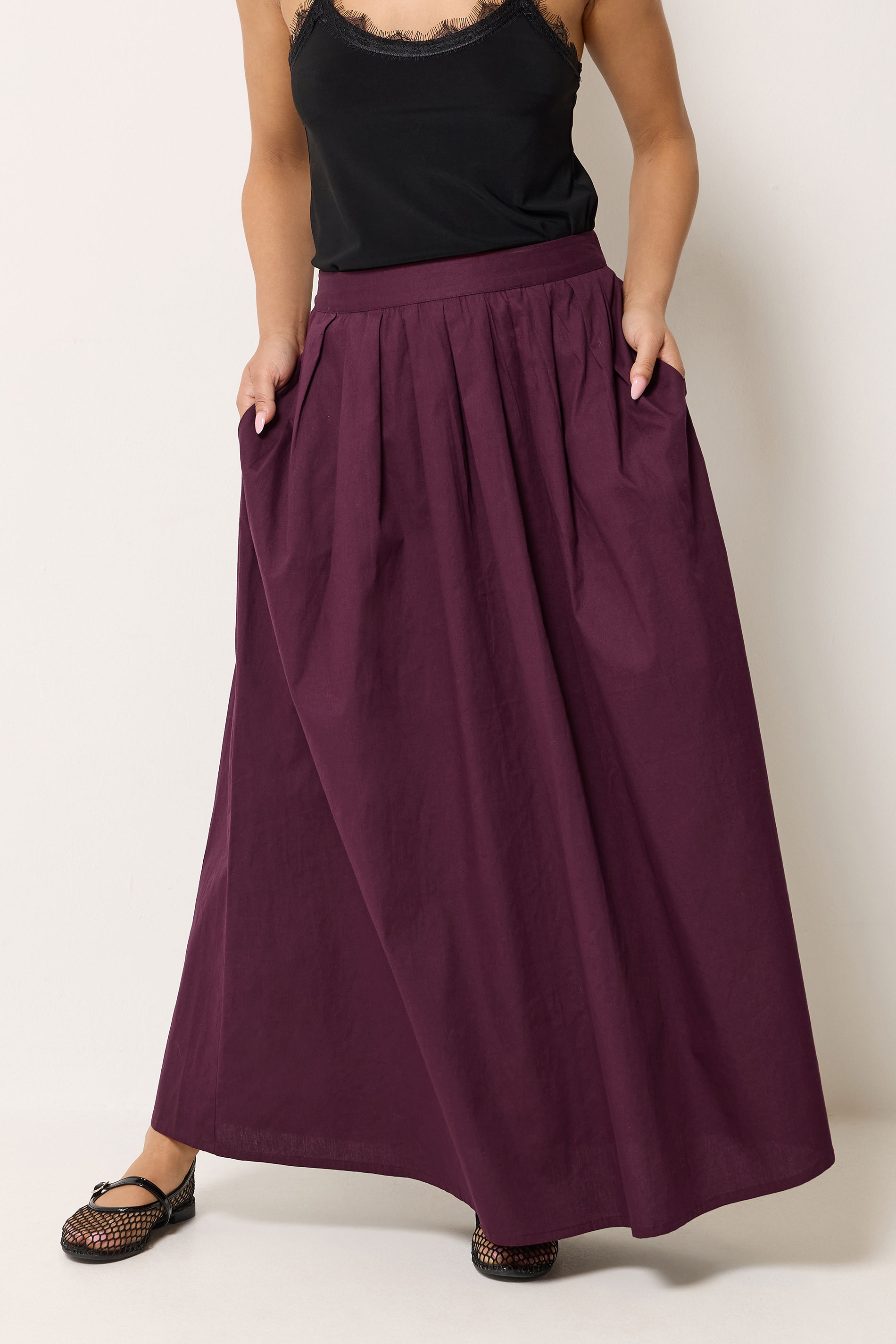 Pixiegirl Women's Red Petite Burgundy Poplin Cotton Maxi Skirt Size 10