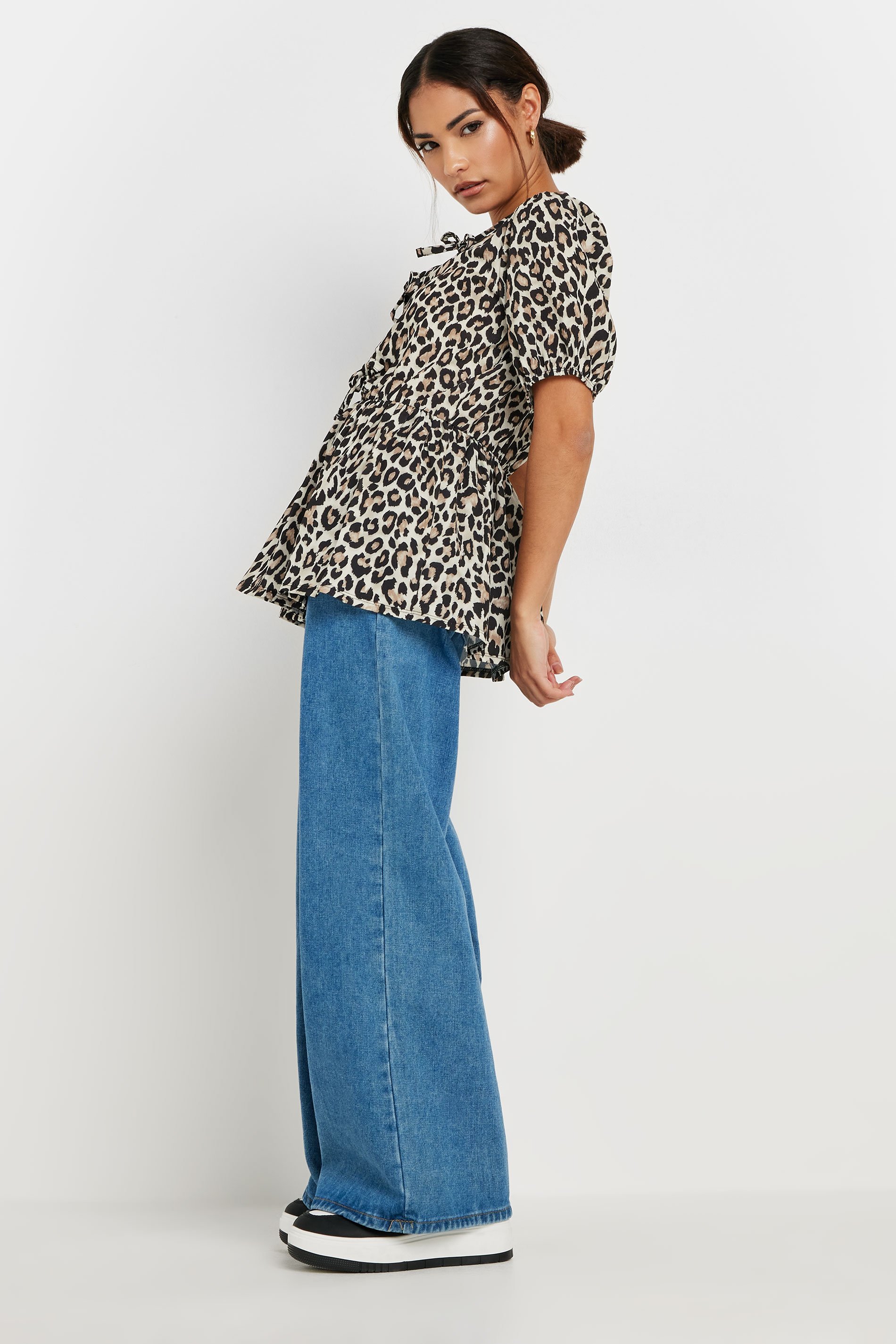 PixieGirl Petite Women's Black Leopard Print Tie Front Smock Top | PixieGirl 2