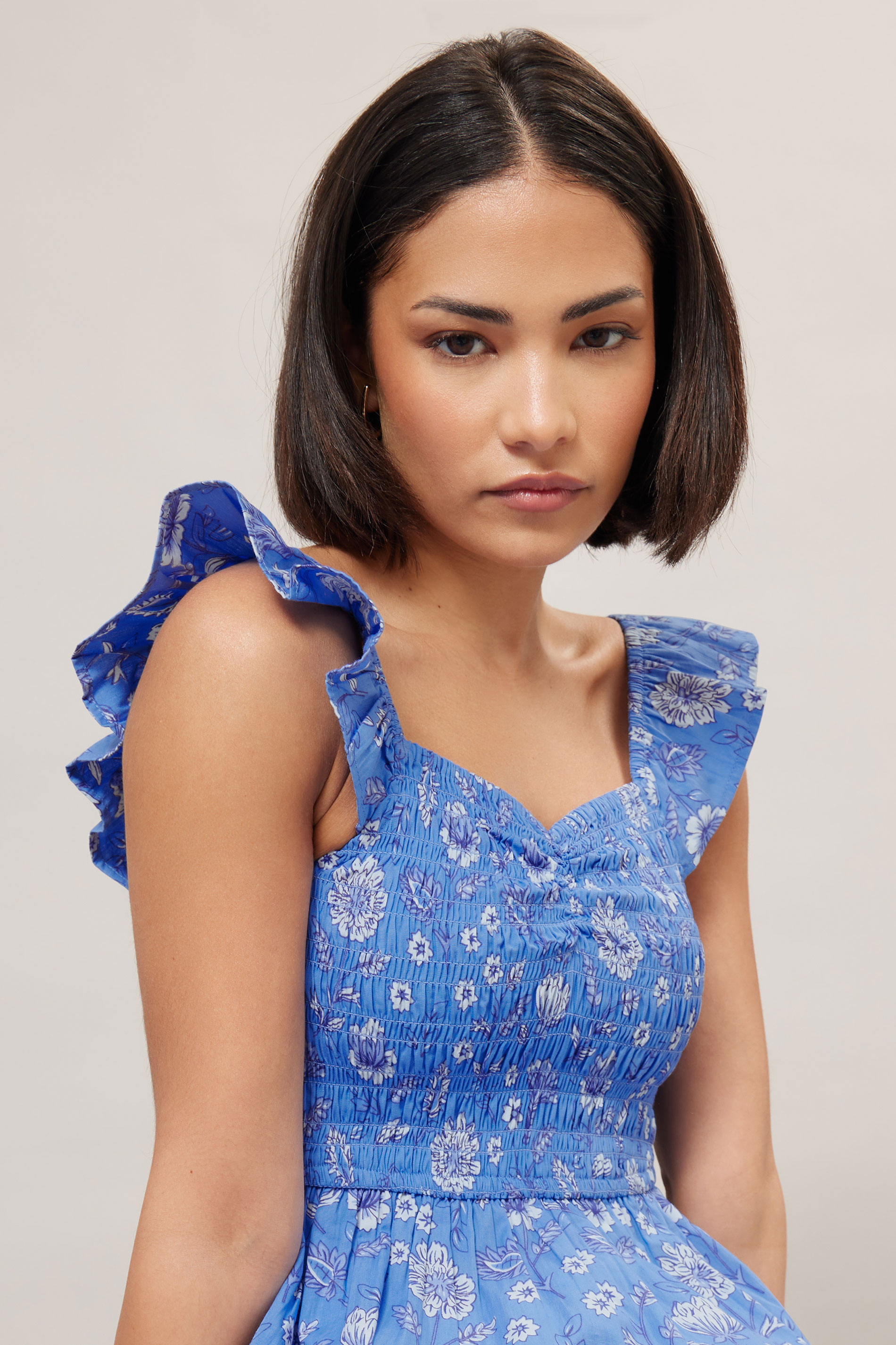 PixieGirl Petite Women's Blue Floral Frill Sleeve Smock Top | PixieGirl 3