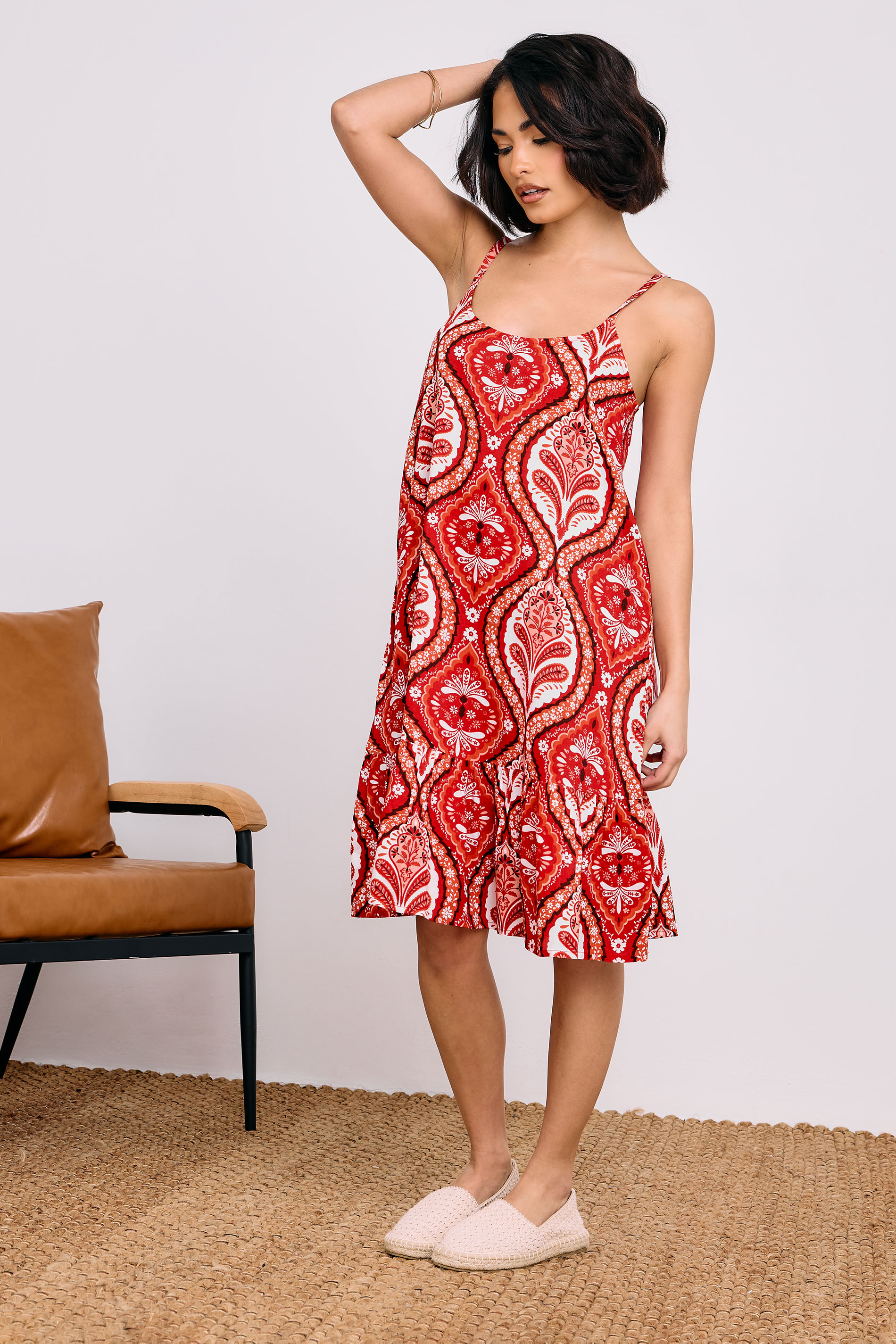 PixieGirl Petite Women's Red Paisley Print Slip Midi Dress | PixieGirl 5