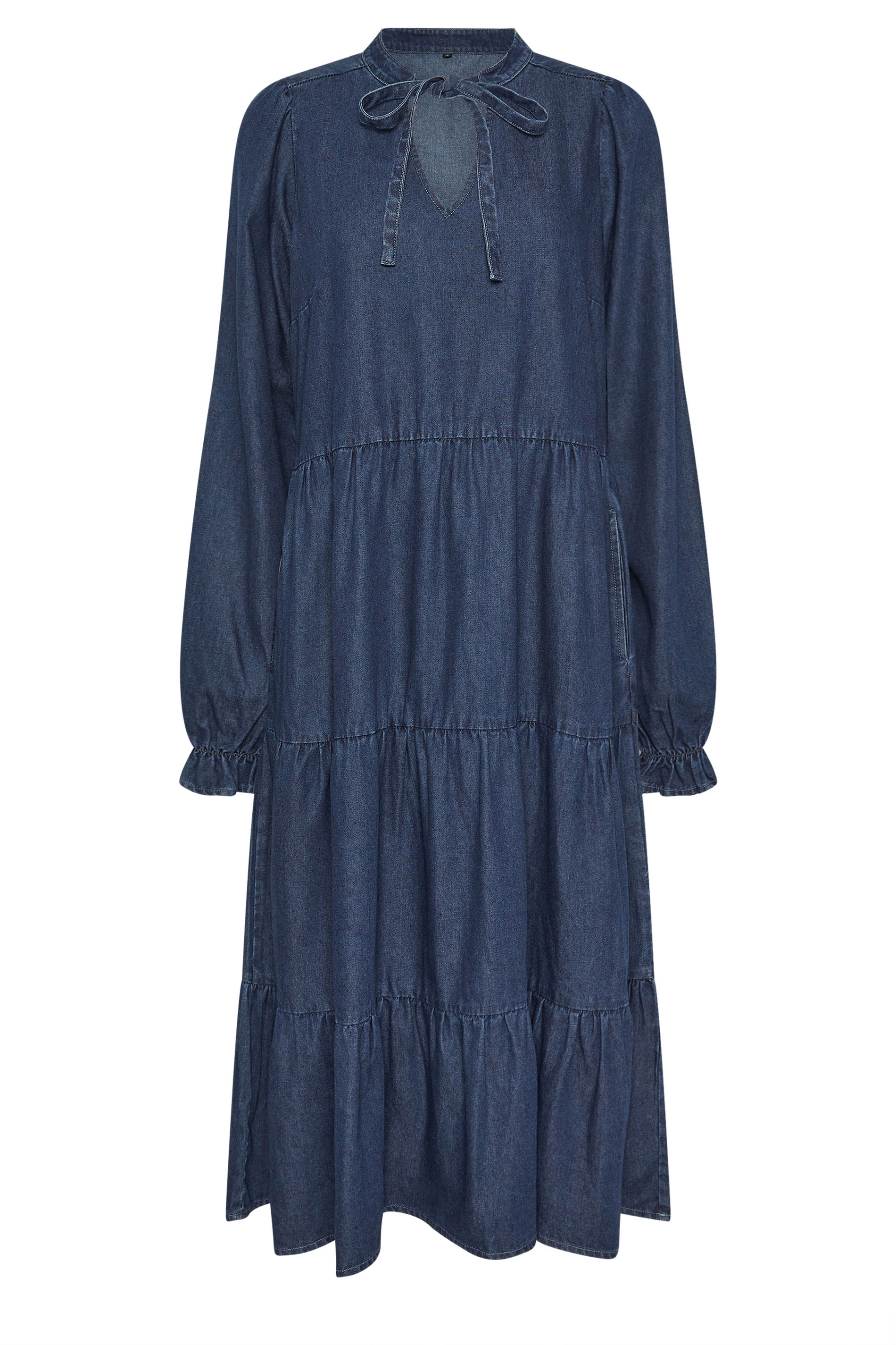 PixieGirl Petite Women's Dark Blue Tie Neck Tiered Dress | PixieGirl 6