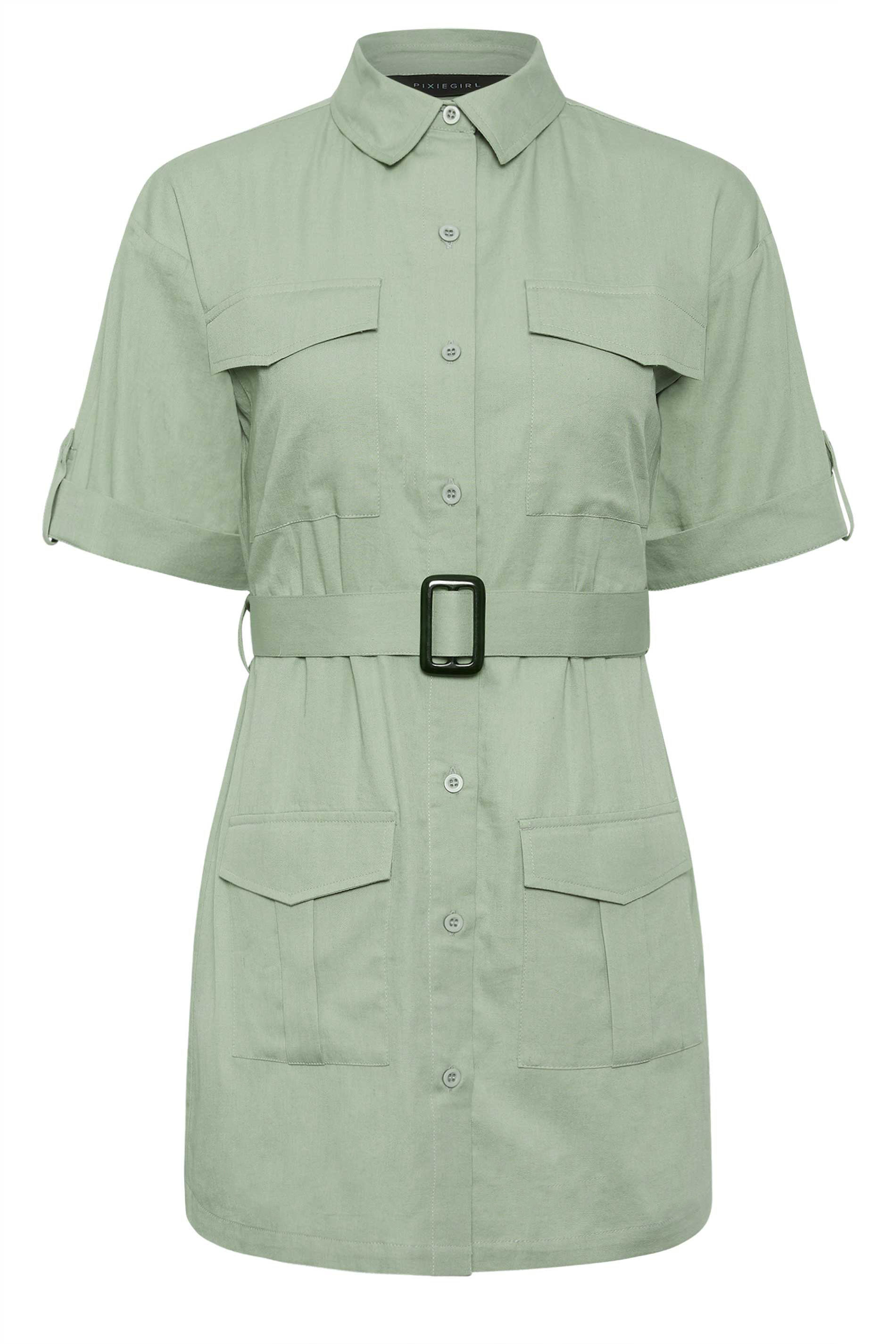 PixieGirl Petite Womens Khaki Green Utility Mini Dress | PixieGirl 6