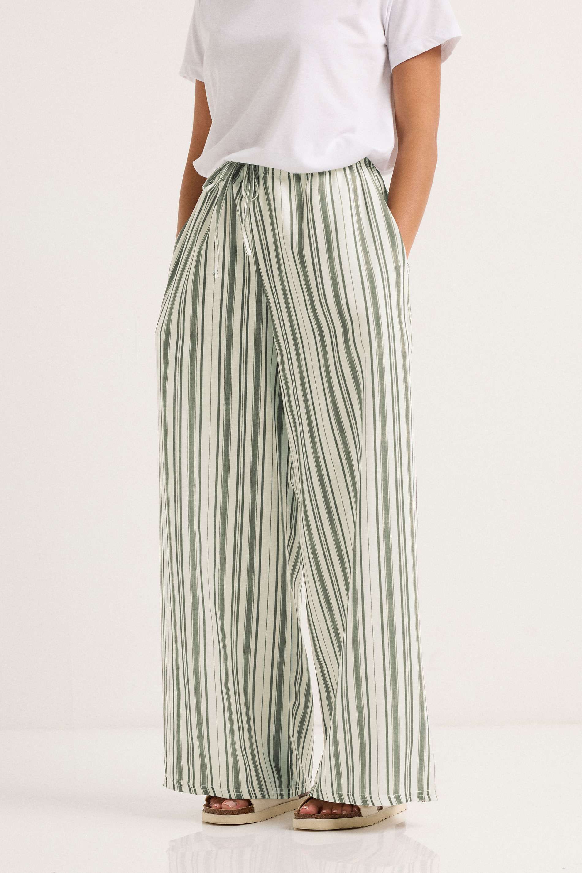 PixieGirl Petite Women's Green Striped Wide Leg Trousers | PixieGirl 2
