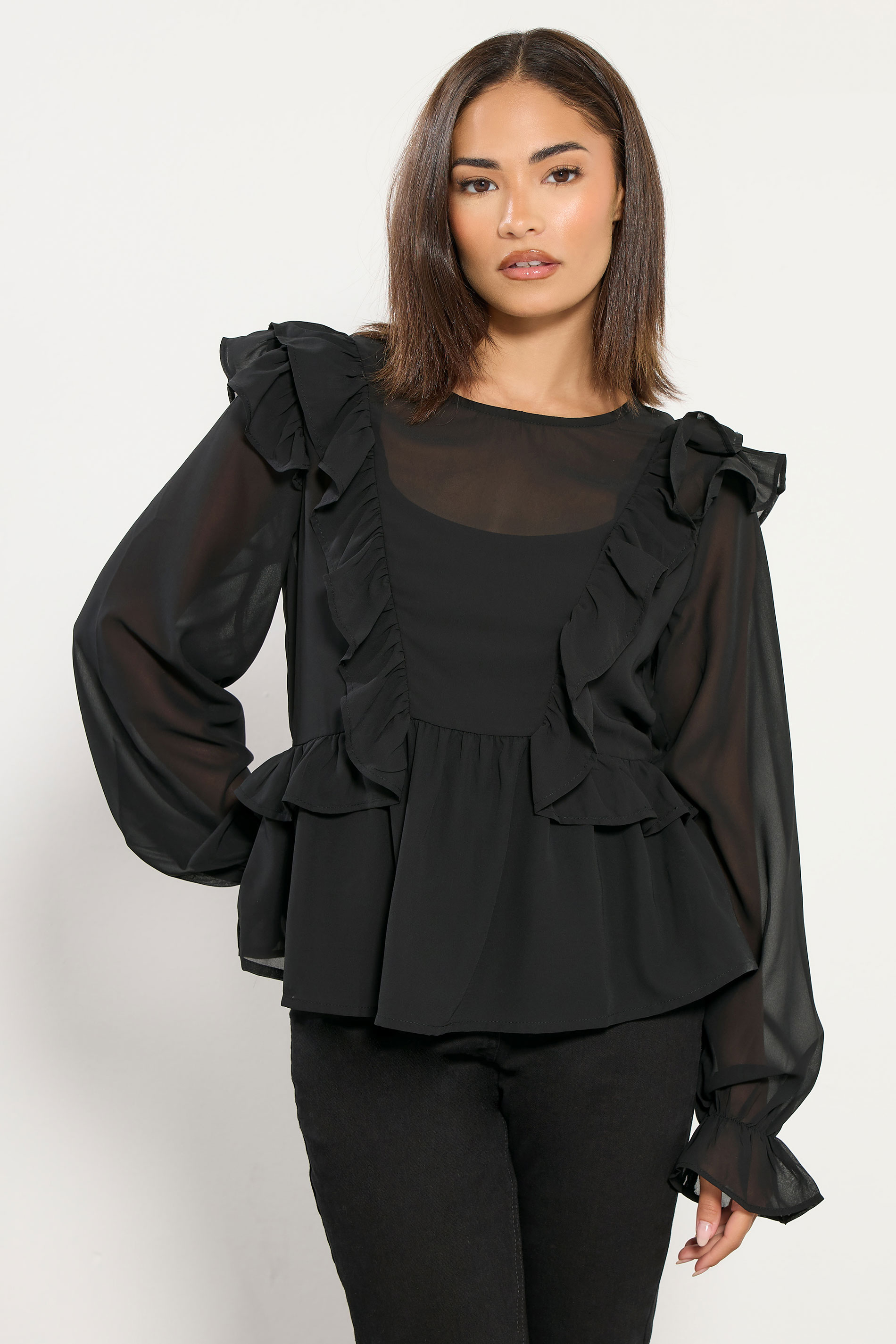 PixieGirl Petite Women's Black Frill Shoulder Chiffon Blouse | PixieGirl 1