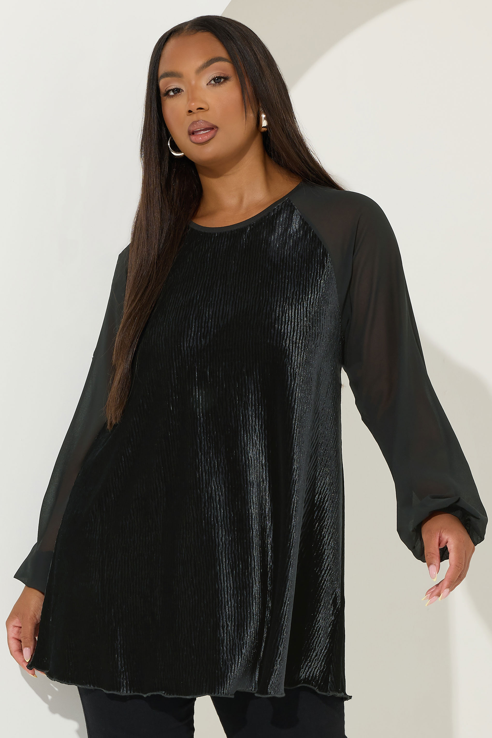 YOURS Plus Size Black Crinkle Velour Top | Yours Clothing 1
