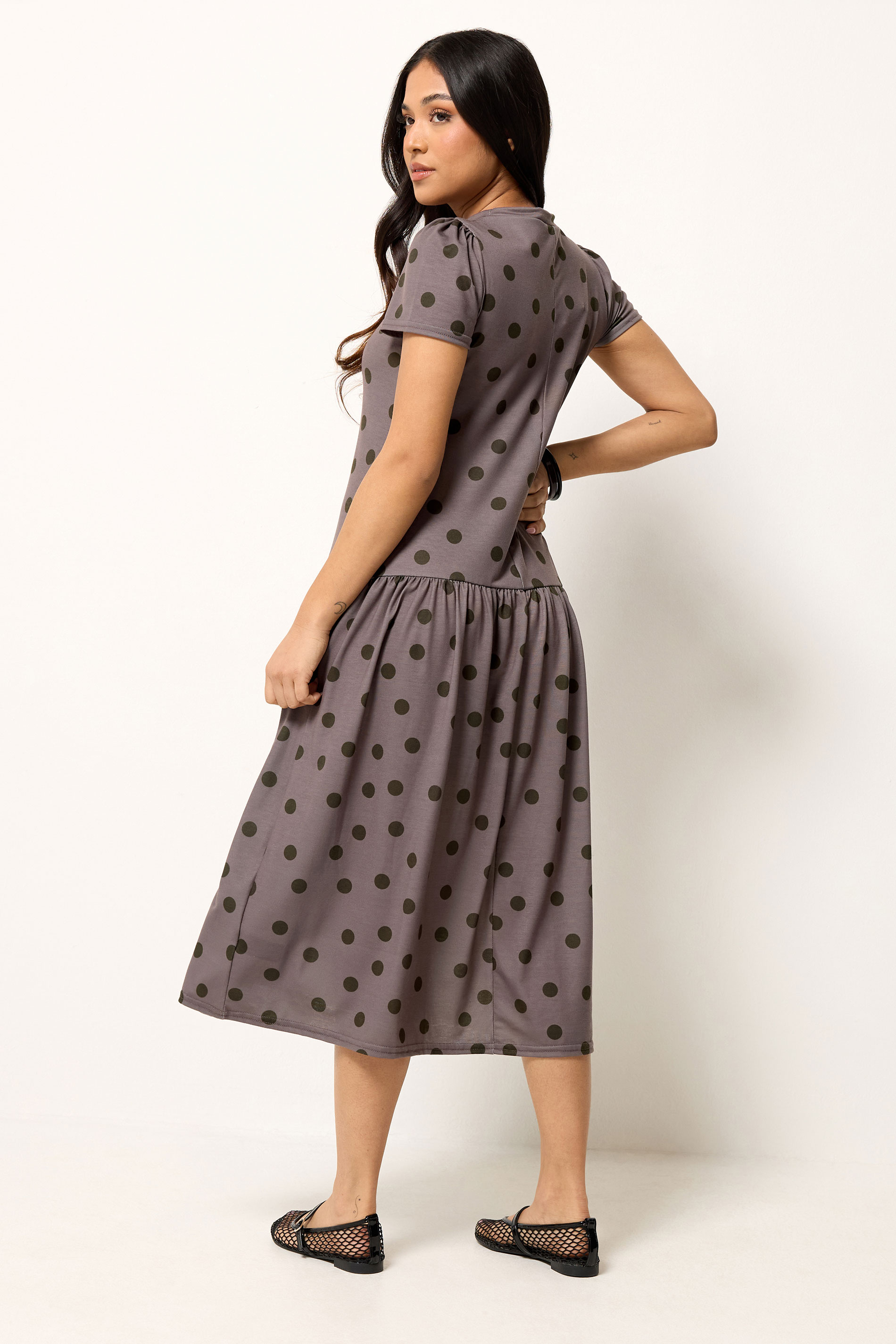 PixieGirl Petite Women's Chocolate Brown Polka Dot Drop Waist Maxi Dress | PixieGirl 4