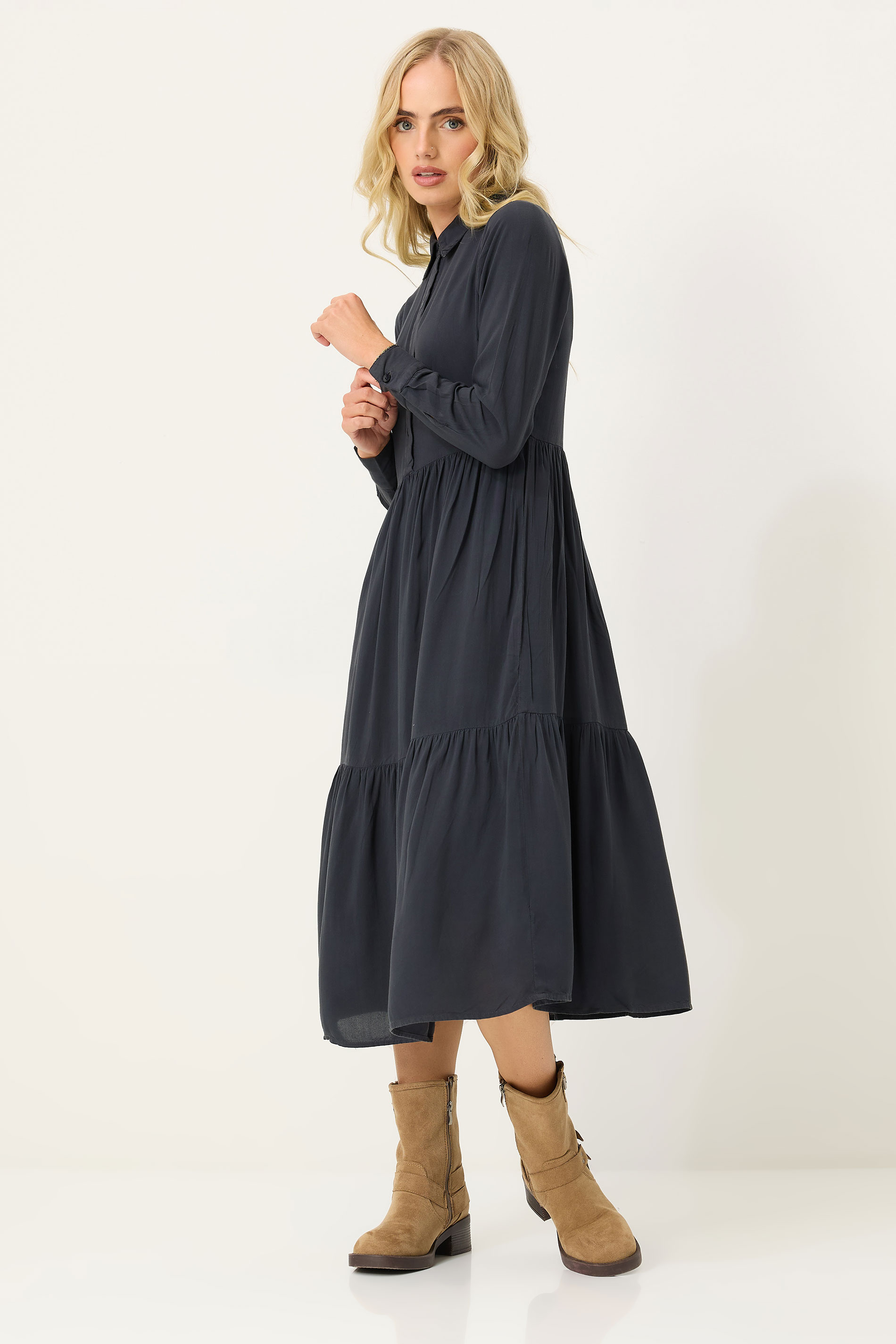 PixieGirl Petite Women Black Acid Wash Tiered Smock Dress | PixieGirl 2