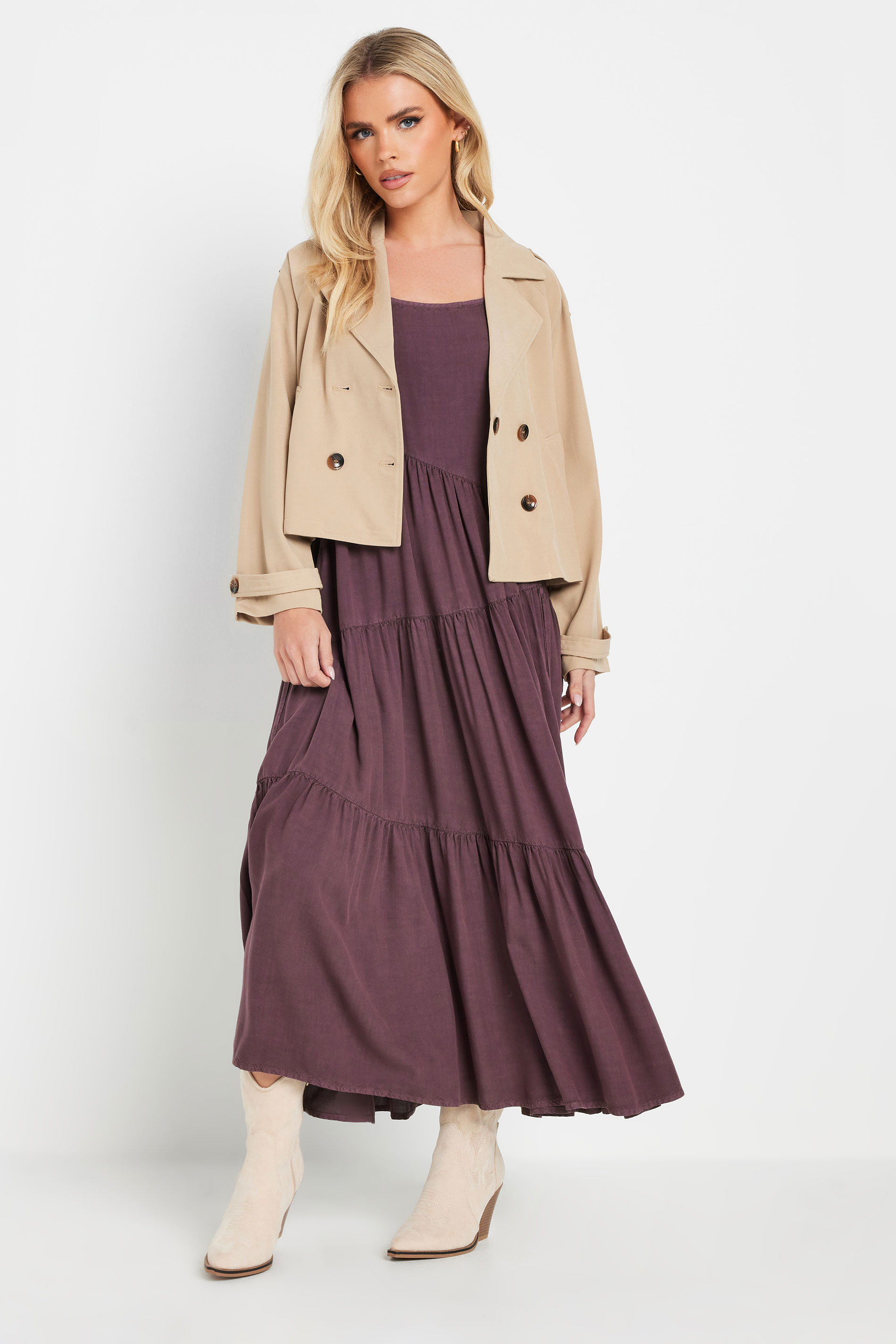 PixieGirl Petite Women's Burgundy Red Acid Wash Asymmetric Tiered Maxi Dress | PixieGirl 3