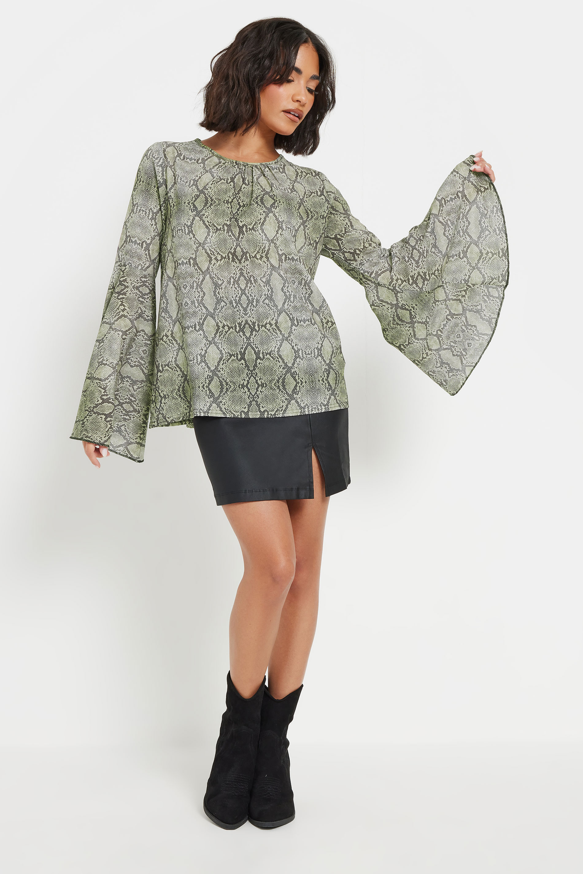 PixieGirl Petite Women's Grey Woven Snake Print Bell Sleeve Top | PixieGirl 2