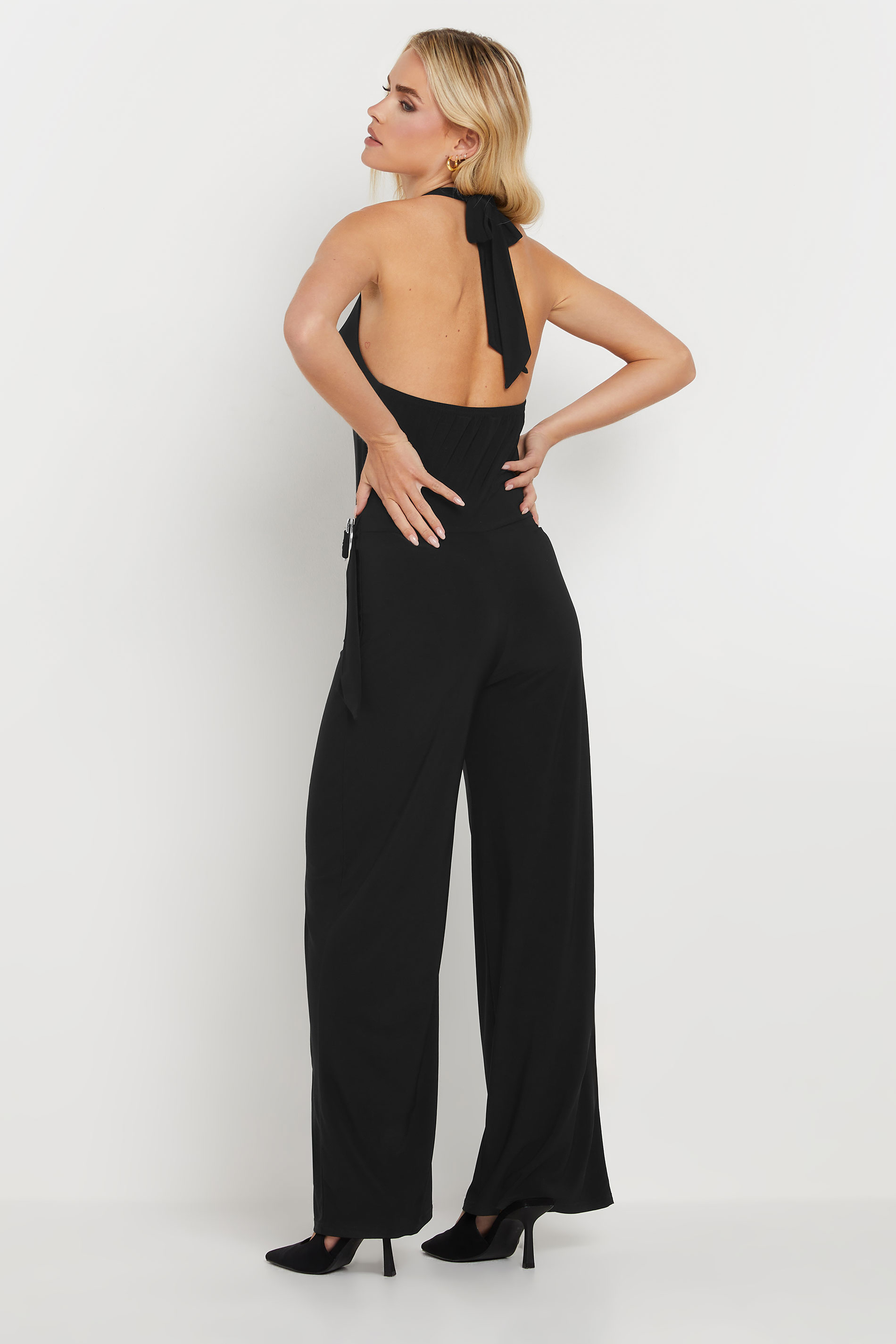 PixieGirl Petite Women's Black Halter Neck Belted Jumpsuit | PixieGirl 4