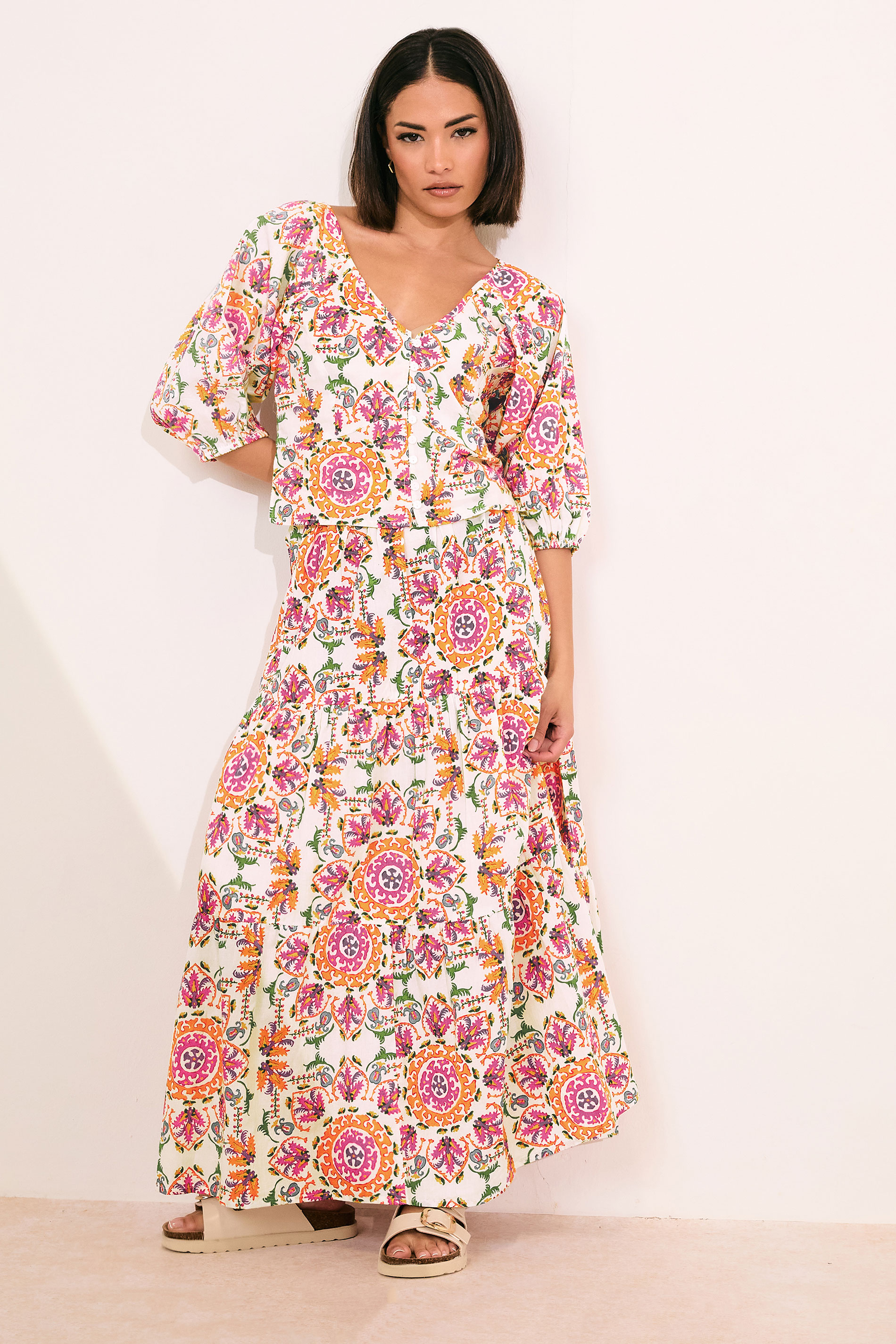 PixieGirl Petite Women's White Abstract Tile Puff Sleeve Top | PixieGirl 3