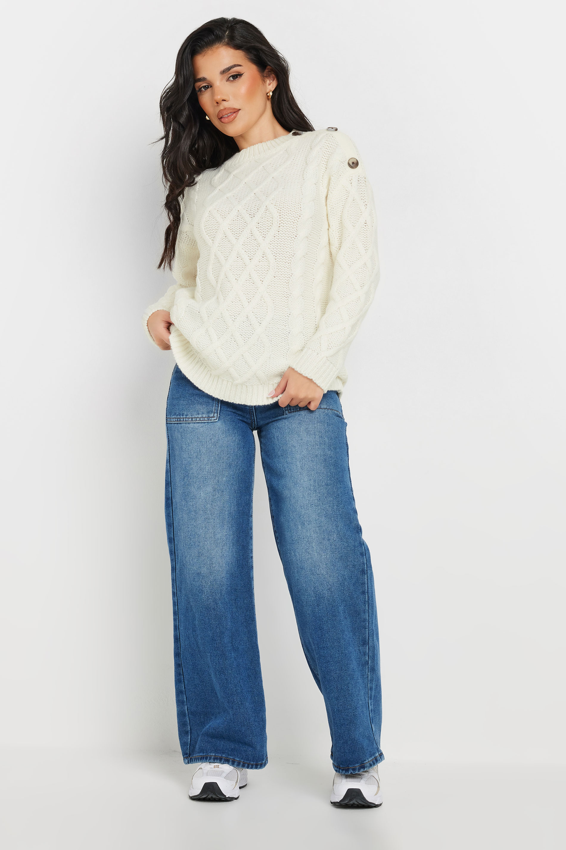 PixieGirl Petite Women's Ivory White Cable Knit Button Jumper | PixieGirl 2