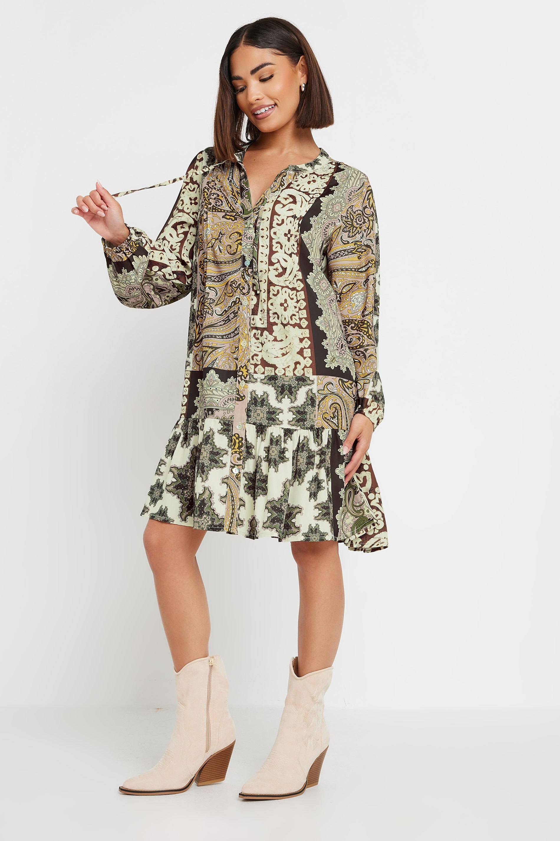 PixieGirl Petite Women's Beige Brown Patchwork Print Tiered Midi Dress | PixieGirl 3