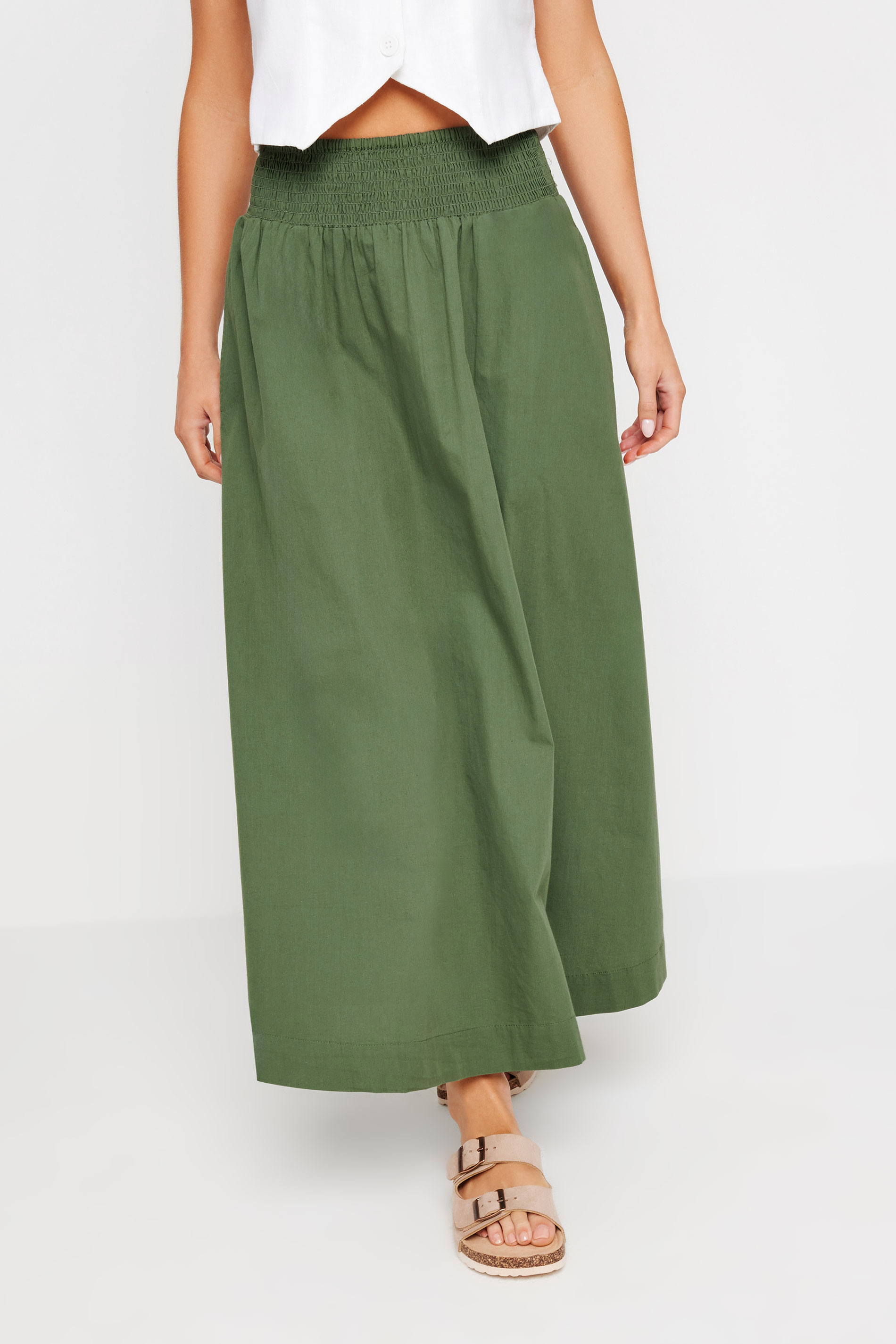 PixieGirl Petite Women's Olive Green Poplin Maxi Skirt | PixieGirl 2