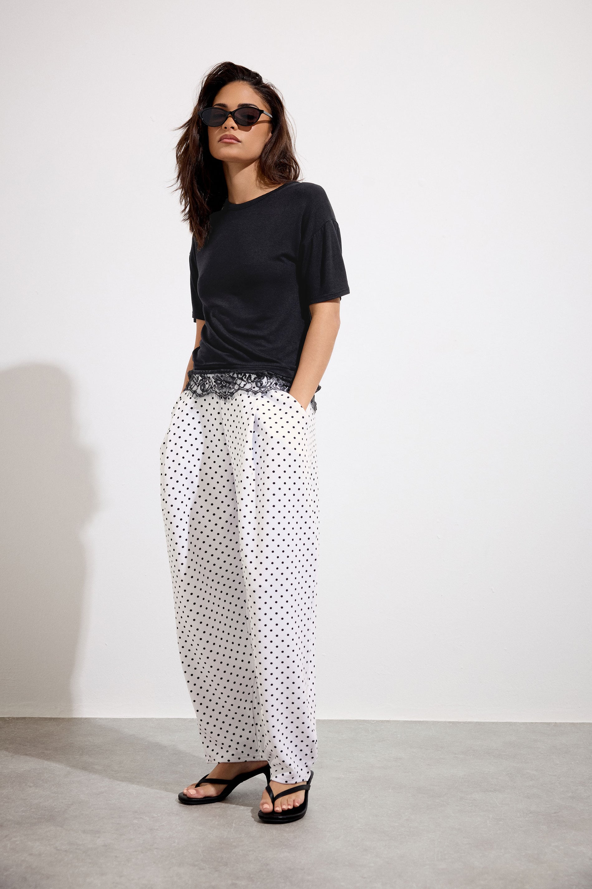 PixieGirl Petite Women's White Polka Dot Crinkle Barrel Leg Trousers | PixieGirl 3
