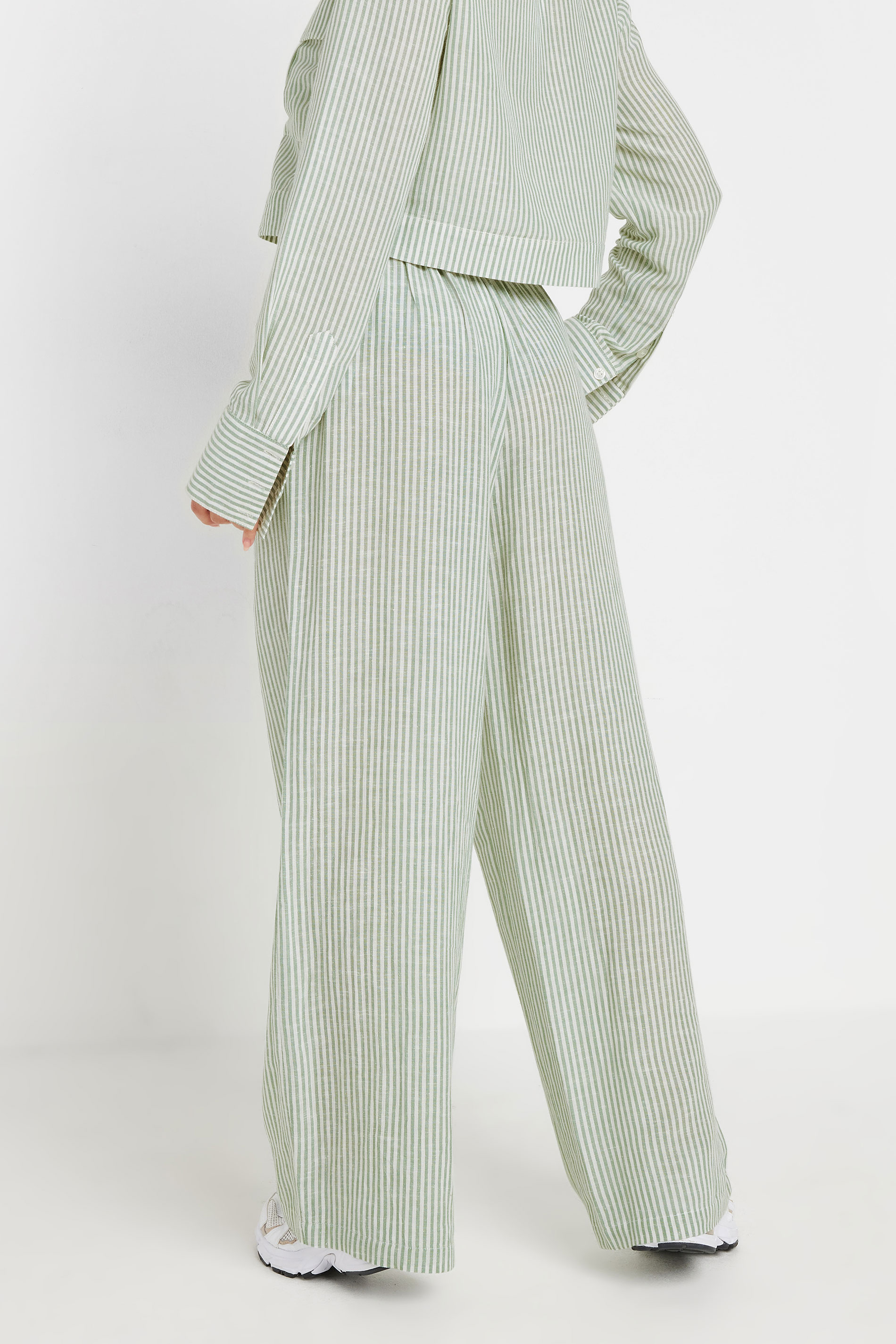 PixieGirl Petite Women's Green Linen Striped Wide Leg Trousers | PixieGirl 4