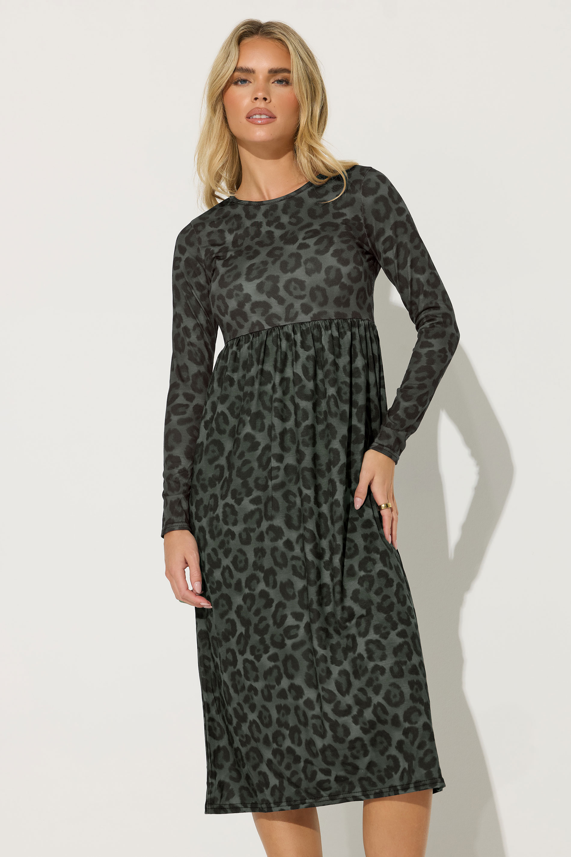 PixieGirl Petite Women's Khaki Green Leopard Print Smock Dress | PixieGirl 2