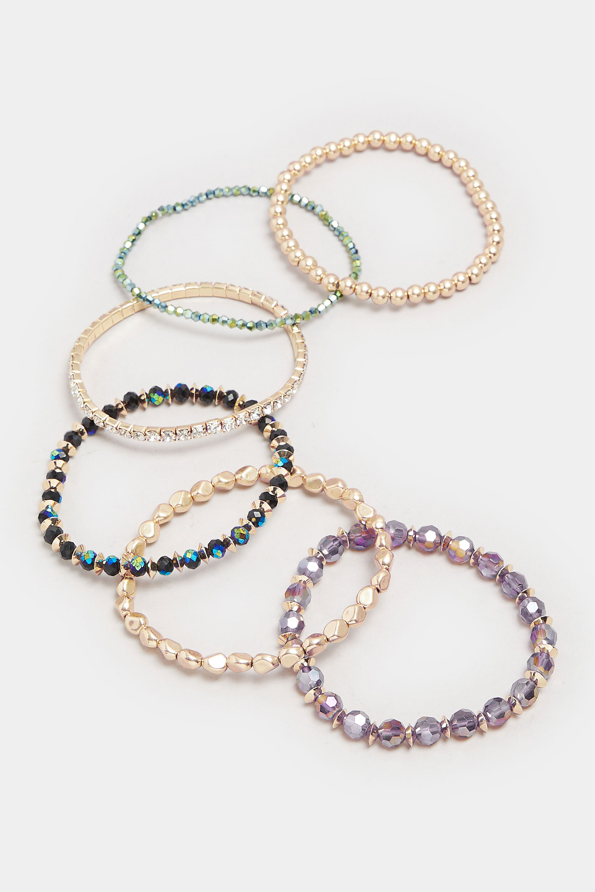 6 PACK Gold Tone Beaded Stretch Bracelet Set | Yours Clothing 2