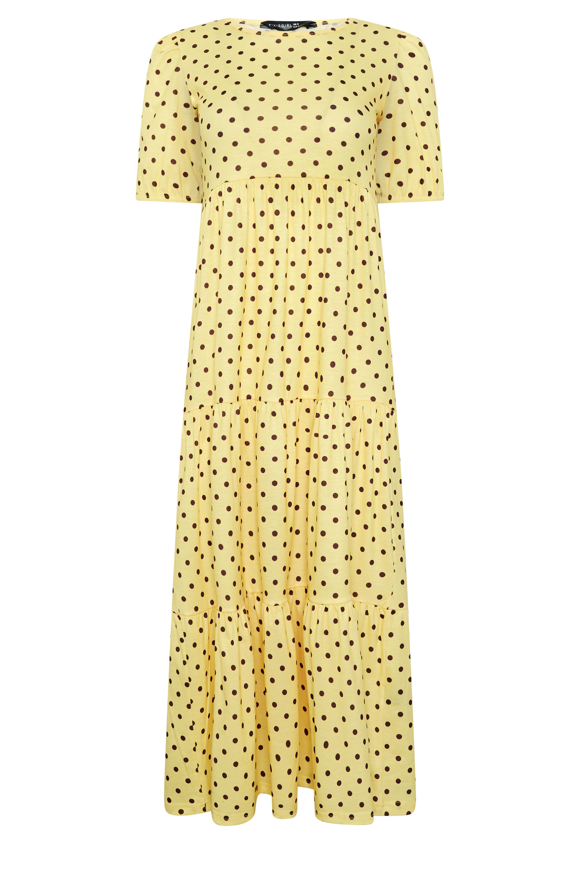 PixieGirl Petite Women's Yellow Polka Dot Tiered Maxi Dress | PixieGirl 5