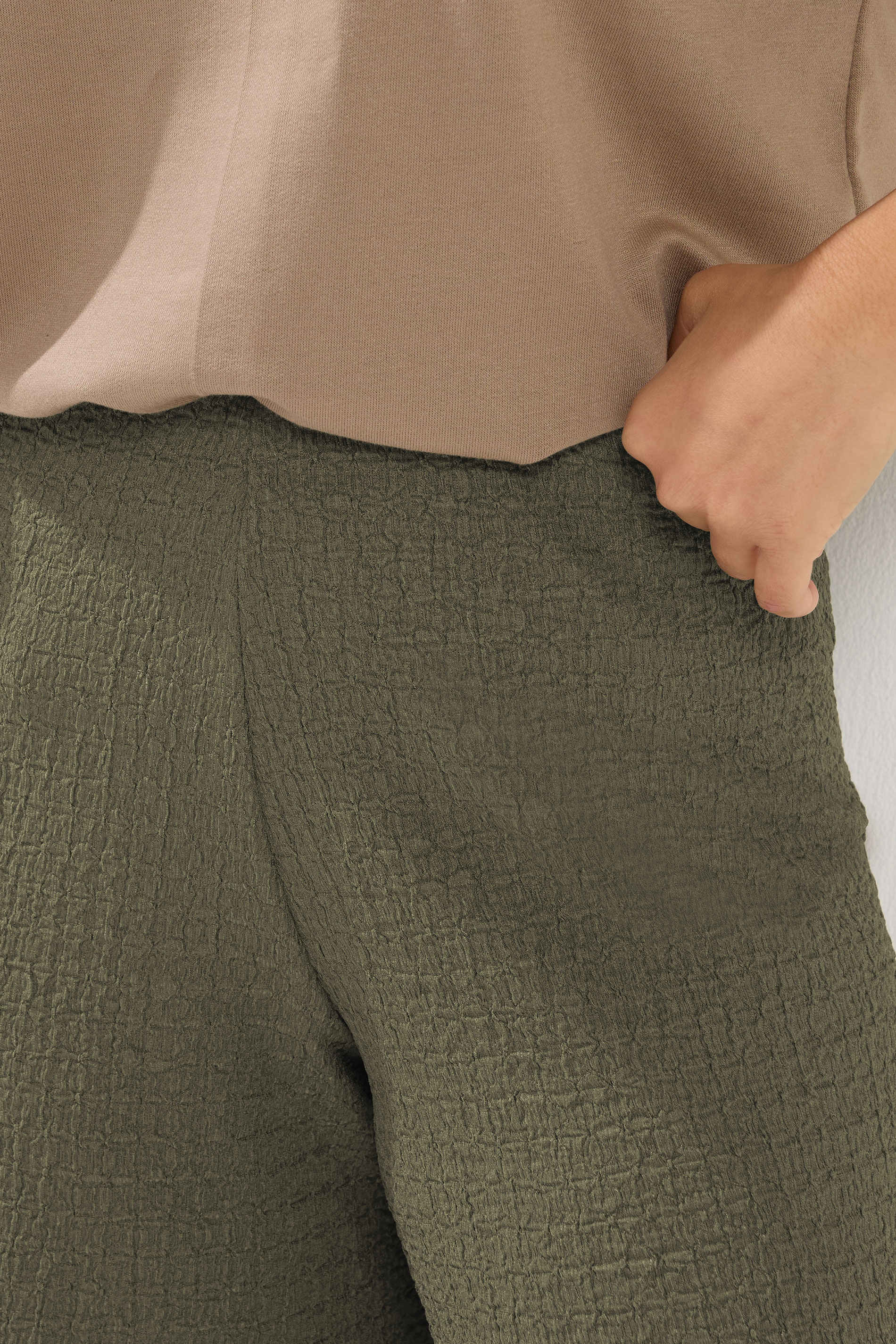 PixieGirl Petite Women's Khaki Green Textured Wide Leg Trousers | PixieGirl 4