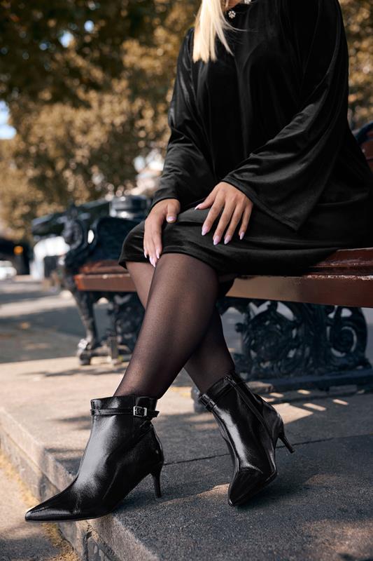Plus Size  Yours Black Buckle Pointed Toe Kitten Heel Boots In Extra Wide EEE Fit