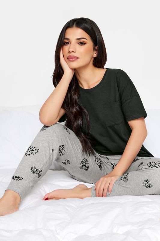 PixieGirl Petite Womens Black Leopard Heart Print Pyjama Set | PixieGirl 5
