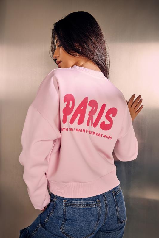 PixieGirl Petite Womens Pink 'Paris' Slogan Cropped Sweatshirt | PixieGirl 2