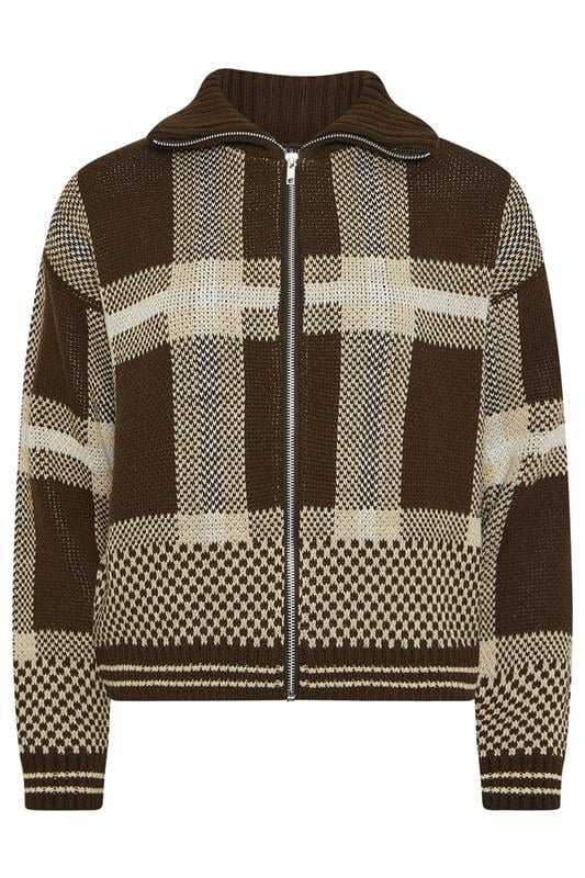 PixieGirl Petite Women's Chocolate Brown Knitted Check Zip Cardigan | PixieGirl 1