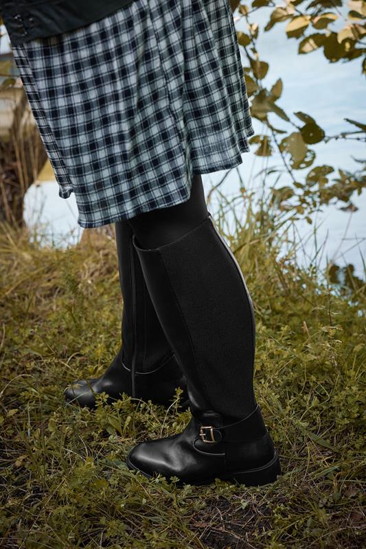 Black Buckle Stretch Knee High Boots In Extra Wide EEE Fit