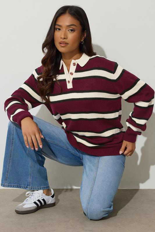 PixieGirl Petite Women's Burgundy Red Stripe Rugby Jumper | PixieGirl 1
