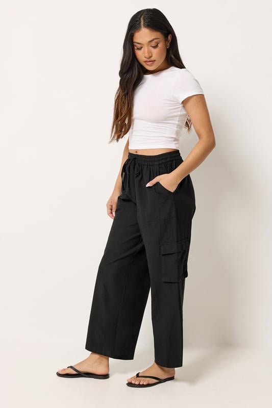  PixieGirl Petite Black Linen Cargo Wide Leg Trousers