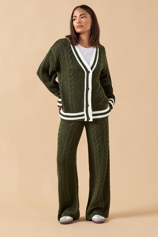PixieGirl Petite Women's Khaki Green Contrast Cable Knit Cardigan | PixieGirl 2