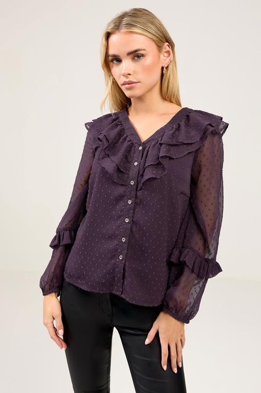 M&Co Petite Berry Purple Dobby Ruffle Blouse