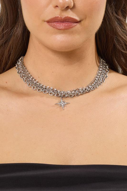 Plus Size  Yours Silver Tone Star Diamante Choker Necklace