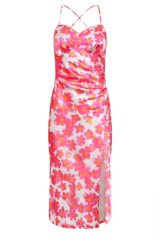 PixieGirl Petite Women's Pink Floral Print Satin Midi Dress | PixieGirl 5