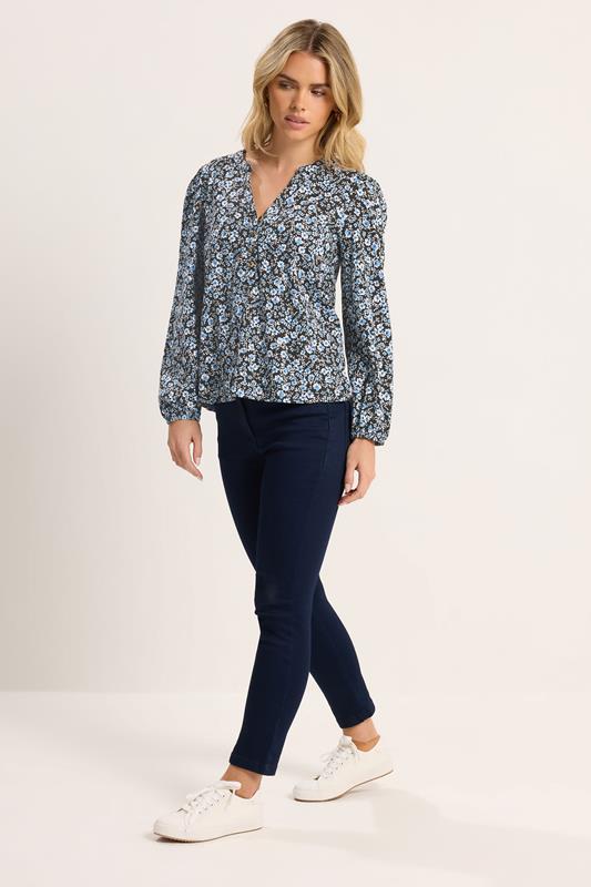 M&Co Petite Blue Floral Cotton Long Sleeve Top | M&Co 1
